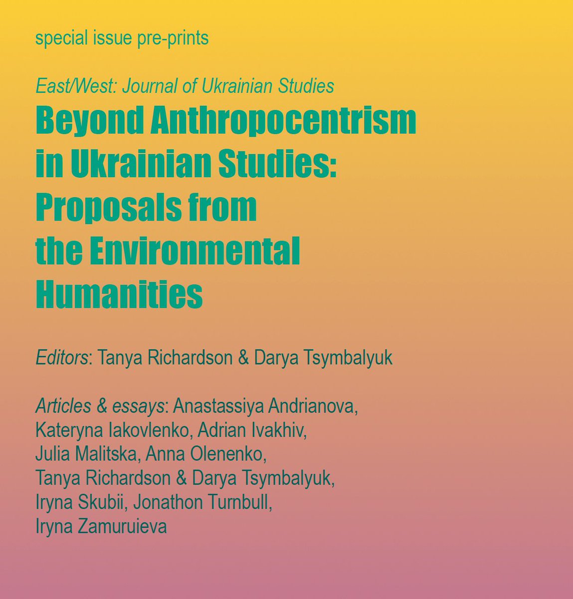 Darya (Дарця) Tsymbalyuk (@daryatsymbalyuk) on Twitter photo drive.google.com/drive/folders/… pre-prints, East/West: Journal of Ukrainian Studies, "Beyond Anthropocentrism in Ukrainian Studies: Proposals from the Environmental Humanities", which i co-edited with a trailblazer of enviro approaches to the study of 🇺🇦, Tanya Richardson <a href="/browndanube/">Tanya Richardson</a> drive.google.com/drive/folders/… pre-prints, East/West: Journal of Ukrainian Studies, "Beyond Anthropocentrism in Ukrainian Studies: Proposals from the Environmental Humanities", which i co-edited with a trailblazer of enviro approaches to the study of 🇺🇦, Tanya Richardson <a href="/browndanube/">Tanya Richardson</a>