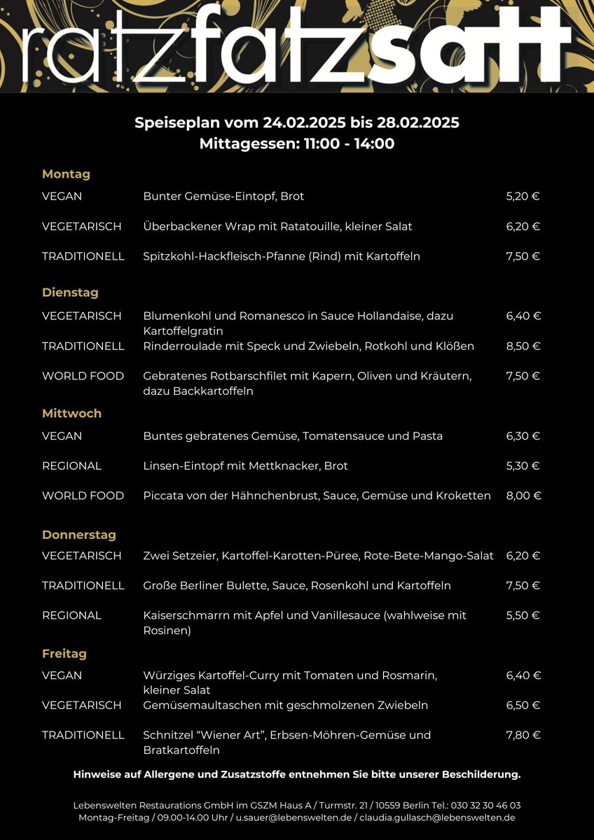Unsere Karte für die nächste Woche. Wir freuen uns auf euren Besuch!
#ratzfatzsatt