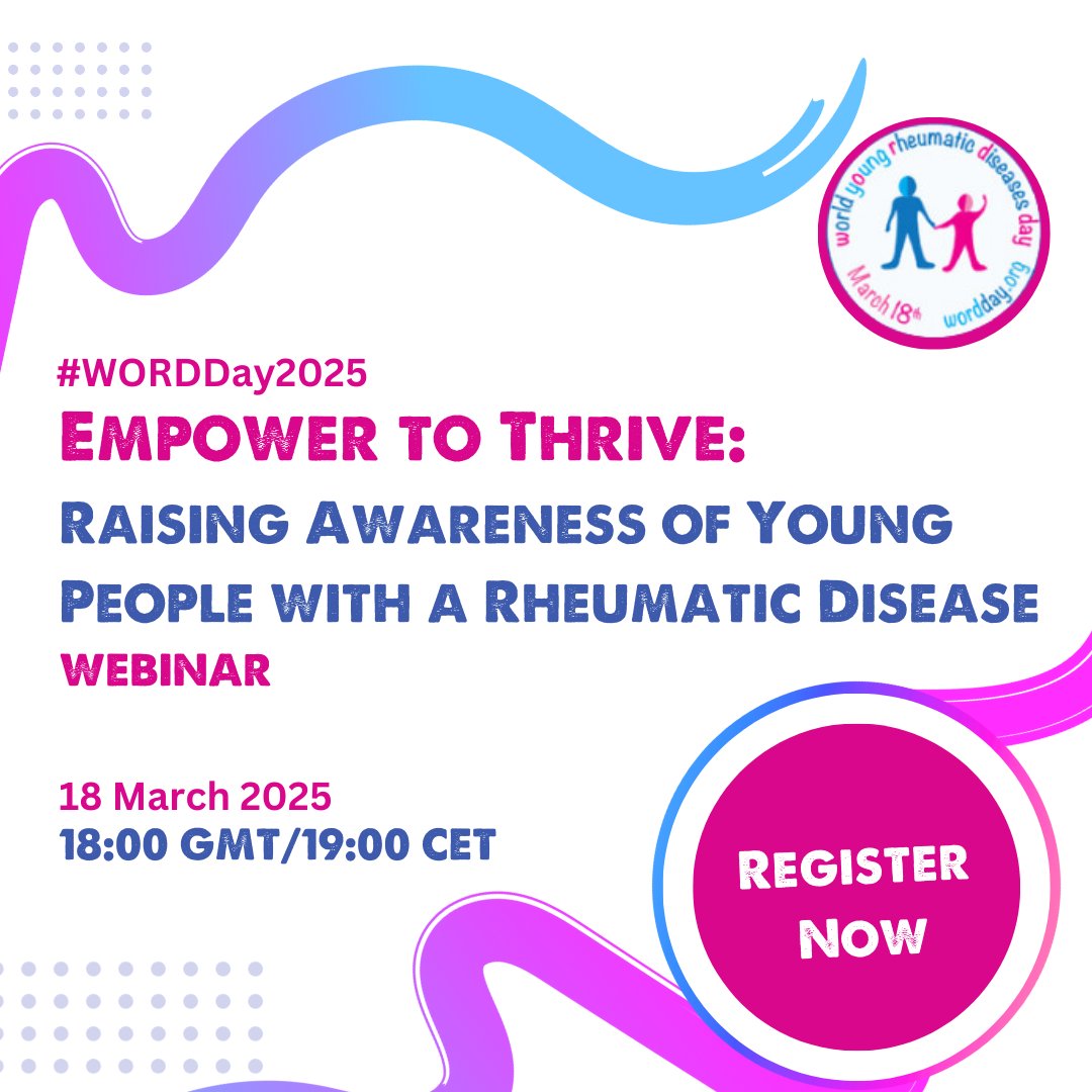 Come join us at our FREE, flagship webinar entitled “Empower to Thrive: Raising Awareness of Young People with a Rheumatic Disease”.

🗓️Tuesday 18 March 2025, at 7 pm CET

🔗 Register for FREE here: bit.ly/wordday2025
#ChronicIllness #WORDDay2025 #SpoonieLife #RMDs