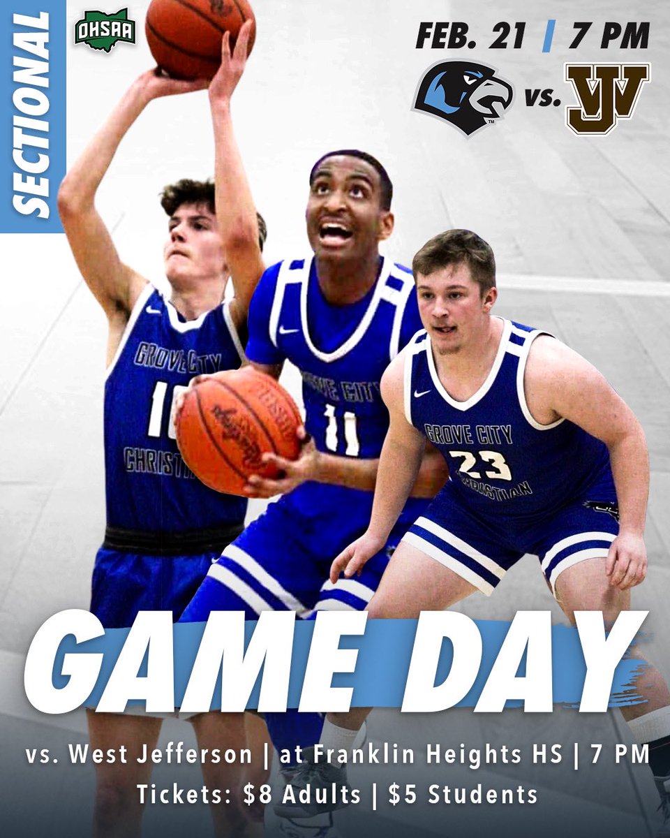 GCCS Athletics (@gccs_athletics) on Twitter photo 🏀 Tournament Game Day!
<a href="/GCCSBasketball/">Grove City Christian Boys Basketball</a> makes the short trip over to Franklin Heights to host <a href="/WestJeff_AD/">West Jeff Athletics</a> in the Sectional Final!
📍 Franklin Heights HS
⏰ 7:00 PM
🎟️ ohsaa.hometownticketing.com/embed/event/32… 🏀 Tournament Game Day!
<a href="/GCCSBasketball/">Grove City Christian Boys Basketball</a> makes the short trip over to Franklin Heights to host <a href="/WestJeff_AD/">West Jeff Athletics</a> in the Sectional Final!
📍 Franklin Heights HS
⏰ 7:00 PM
🎟️ ohsaa.hometownticketing.com/embed/event/32…