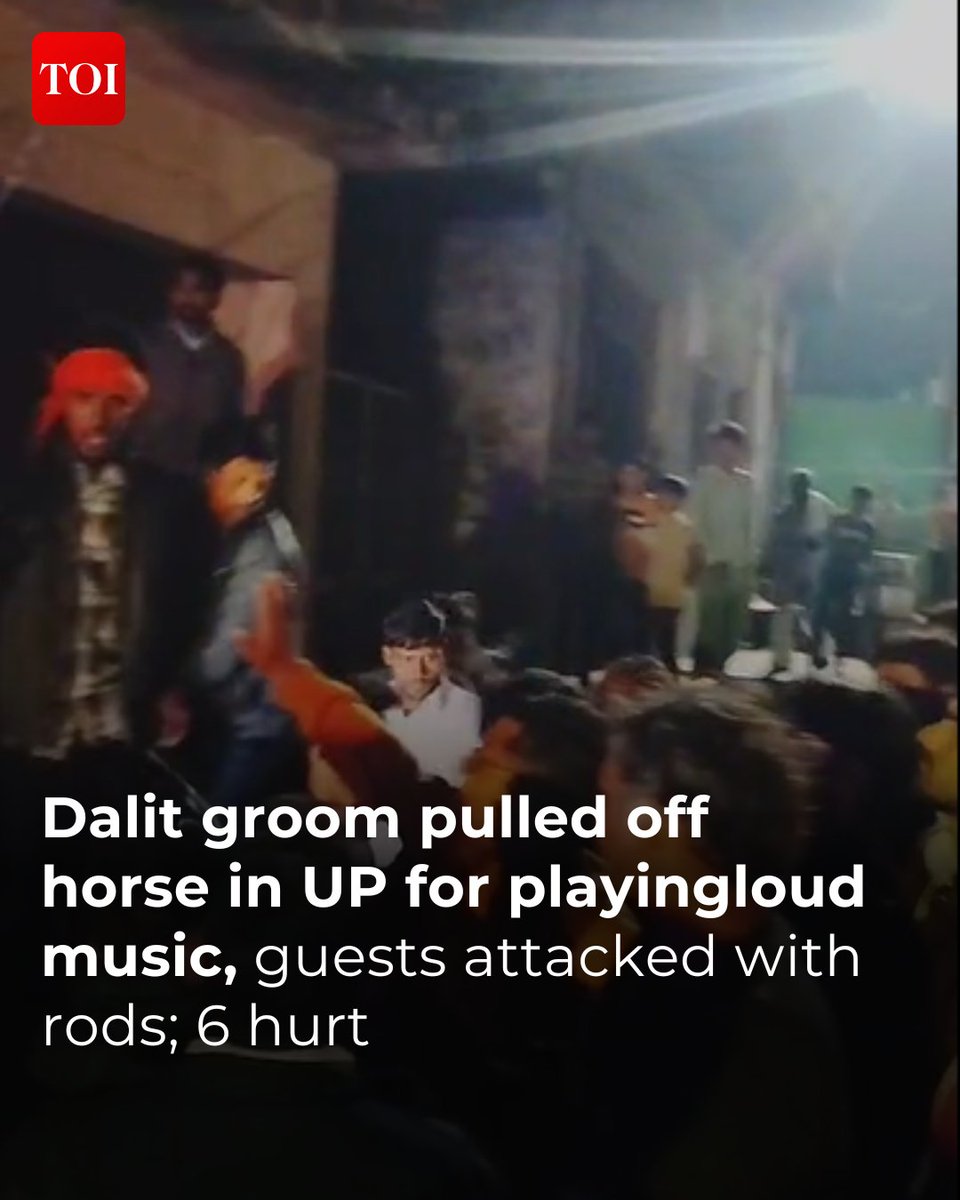 timesofindia's tweet image. A Dalit man's baraat (wedding procession) was allegedly attacked by around 40 upper caste men who hurled casteist slurs and pulled the groom -- in full wedding dress -- off the horse for passing through their locality and playing DJ music in Bulandshahr, police said on Friday.…