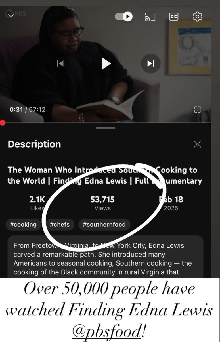 Woke up in shock to see that over 50,000 people have already watched Finding Edna Lewis on <a href="/PBSFood/">PBS Food</a>! Thank you to everyone who has taken time to watch- and if you haven’t, let’s continue to run the numbers up! You can also watch on the @pbs app, website, and local pbs affiliates.
