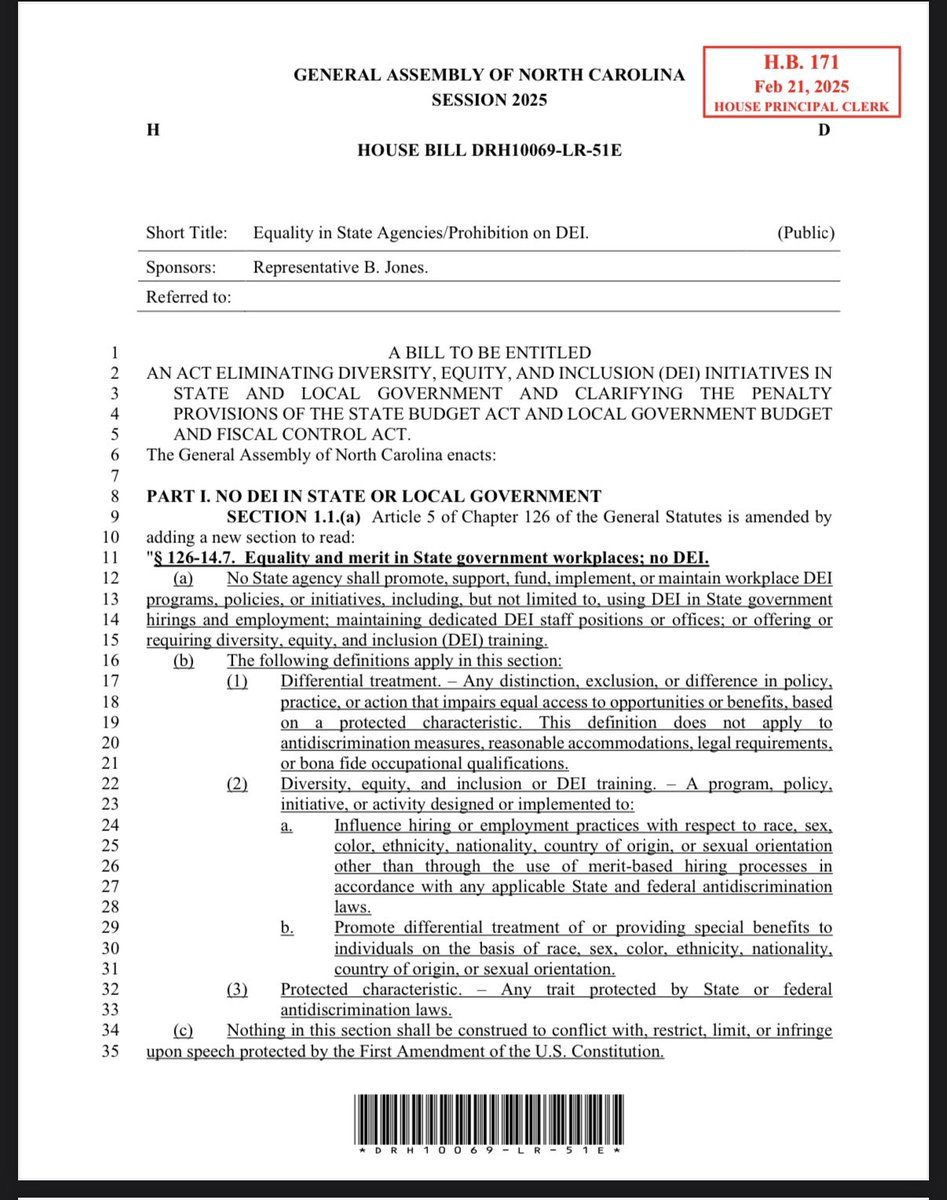 Today I filed House Bill 171 to eliminate DEI bureaucracy in North Carolina. Taxpayer dollars should fund merit, not woke agendas and identity politics. 

This bill upholds equal opportunity and ensures employment and contracts are based on qualifications, not quotas. #ncpol