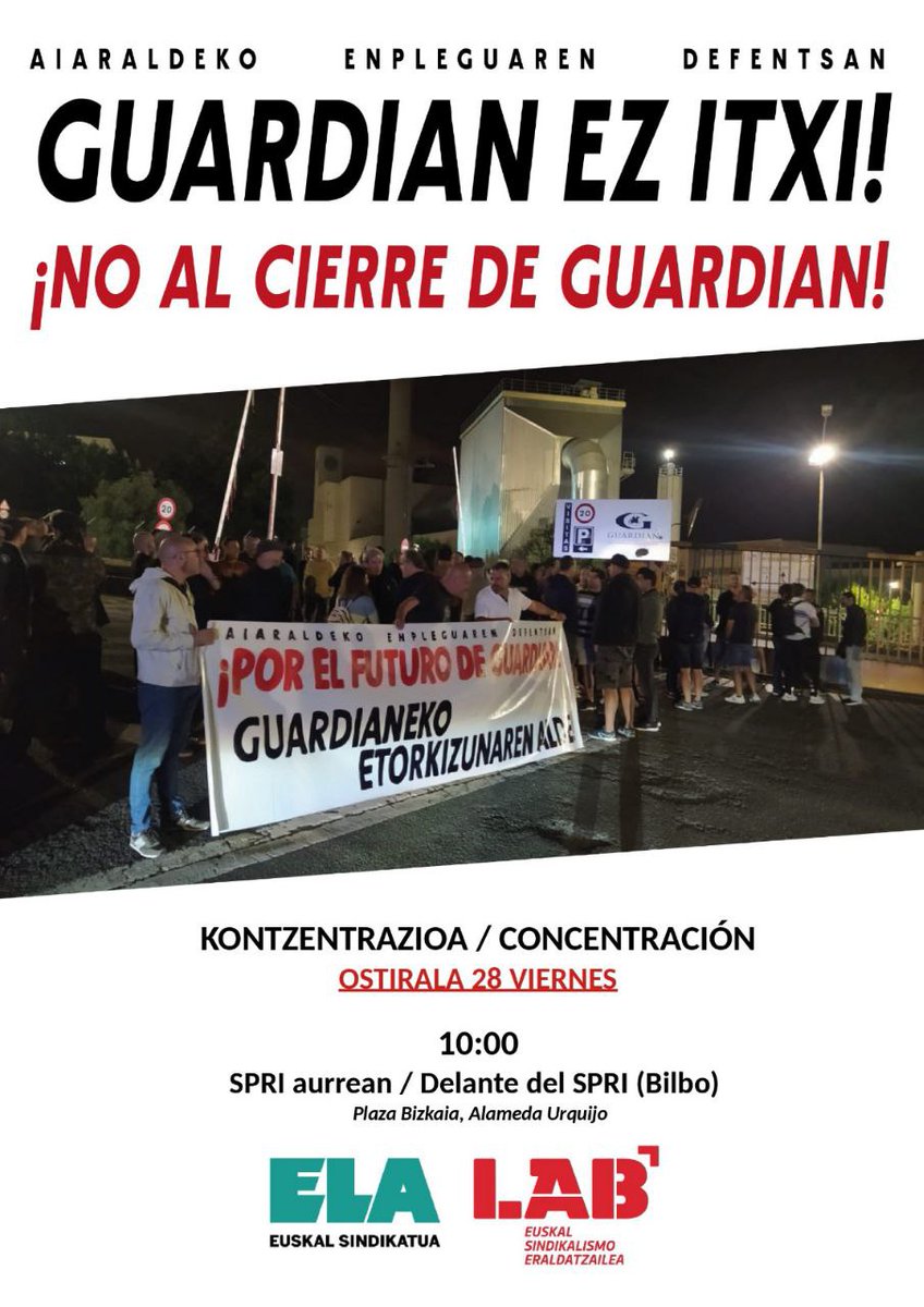 🔊🔊 ADI! 🔊🔊

Guardianeko langileek Bilboko SPRIren egoitzara bertaratzeko deia luzatu dute datorren otsailaren 28rako. 

🗓️ Otsailak 28 de febrero ostirala

🕚 10:00

📍 SPRI aurrean (Plaza Bizkaia, Alameda Urquijo)

Animatu bertaratzera! Guardian ez itxi! ✊✊✊