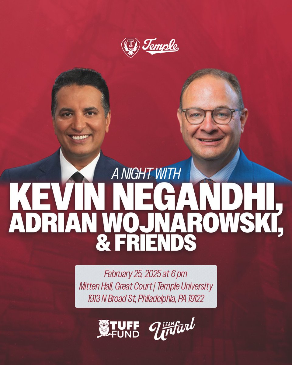 DON'T MISS OUT! On Tuesday, February 25th, <a href="/TempleOwls/">Temple Owls</a> welcome <a href="/KevinNegandhi/">Kevin Negandhi</a> and <a href="/wojespn/">Adrian Wojnarowski</a> to campus for an exciting evening covering the changing landscape of college sport and a call to support two historic institutions.

Register here 👉 alumni.temple.edu/s/705/alumni/1…