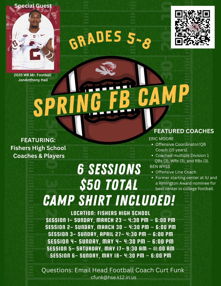 Fishers Tigers Football (@fballtiger) on Twitter photo ‼️Attention all 5th-8th Graders‼️
Spring Camp is coming up soon and you won’t want to miss it! Details below.
<a href="/FJHChargers/">Fishers Junior High</a> <a href="/RJHHawks/">Riverside JH School</a> <a href="/MudsockYouth/">Mudsock Youth Athletics</a> <a href="/MudsockFootball/">Mudsock Youth Football</a> <a href="/fishersgridiron/">FHS Gridiron Club</a> ‼️Attention all 5th-8th Graders‼️
Spring Camp is coming up soon and you won’t want to miss it! Details below.
<a href="/FJHChargers/">Fishers Junior High</a> <a href="/RJHHawks/">Riverside JH School</a> <a href="/MudsockYouth/">Mudsock Youth Athletics</a> <a href="/MudsockFootball/">Mudsock Youth Football</a> <a href="/fishersgridiron/">FHS Gridiron Club</a>