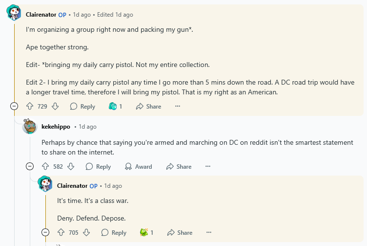 ChroniclesPrime's tweet photo. 🚨Reddit user u/Clairenator is allegedly planning to bring a handgun to DC in March to assassinate Trump— and over 700 users have upvoted the post, encouraging the threat. This needs urgent investigation. 

 #Trump #SecurityThreat https://t.co/3vODP96e1f
