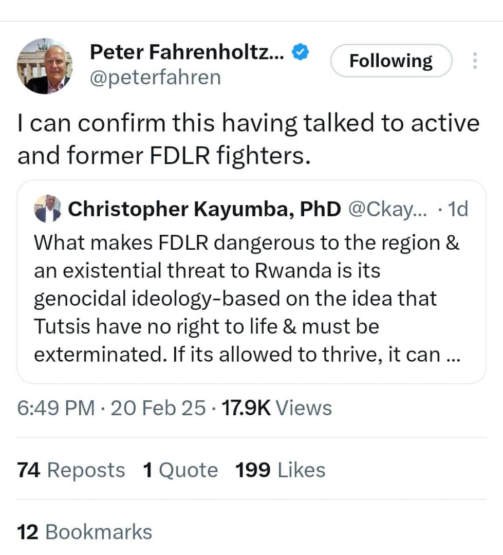 "I am a witness to the #FDLR's evil agenda." — Former German Ambassador to Rwanda.

Ambassador Peter Fahrenholtz <a href="/peterfahren/">Peter Fahrenholtz, Ambassador rtd</a> , who served as Germany’s representative in Rwanda from 2012 to 2016, revealed that he witnessed the FDLR terrorist group’s sinister plans against Rwanda,