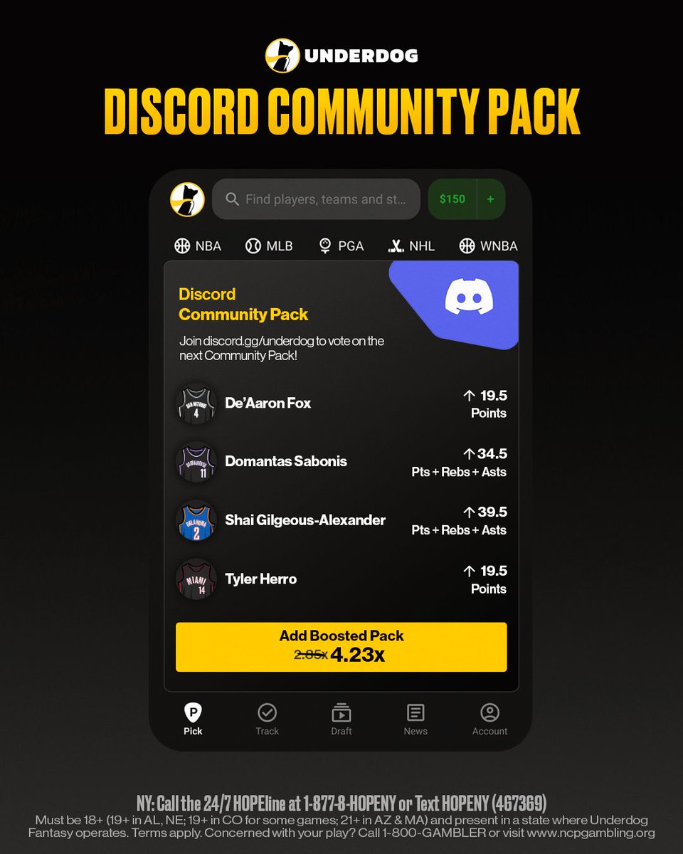 Our BOOSTED Discord Community pack is in the pick'em lobby 👀 

If you want to vote on next week's picks, join our Discord here 👉 discord.gg/underdog