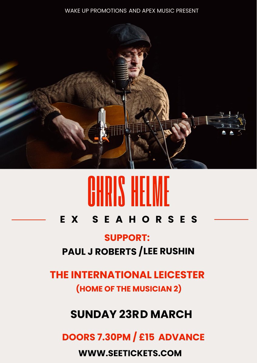 wakeuppromotions (@wakeuppromotion) on Twitter photo . <a href="/ChrisHelme/">Chris Helme</a> will be performing tracks from his solo albums 'Ashes' The 'Rookery' & 'World Of My Own' alongside Seahorses classics at The International Music Venue Sunday 23rd March.
gigantic.com/chris-helme-ti… . <a href="/ChrisHelme/">Chris Helme</a> will be performing tracks from his solo albums 'Ashes' The 'Rookery' & 'World Of My Own' alongside Seahorses classics at The International Music Venue Sunday 23rd March.
gigantic.com/chris-helme-ti…