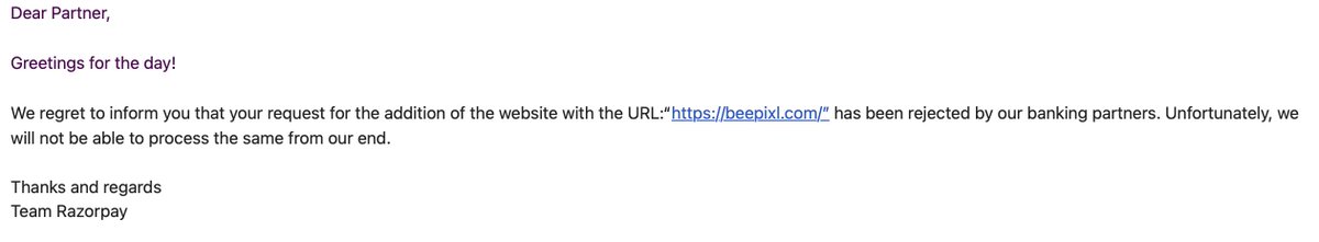 _codewithabhi's tweet image. We recently updated our website URL, but our request for approval has been rejected. The services remain the same as before, with no changes except the URL. Seeking clarification and assistance to resolve this. @Razorpay #PaymentGateway #BusinessSupport
