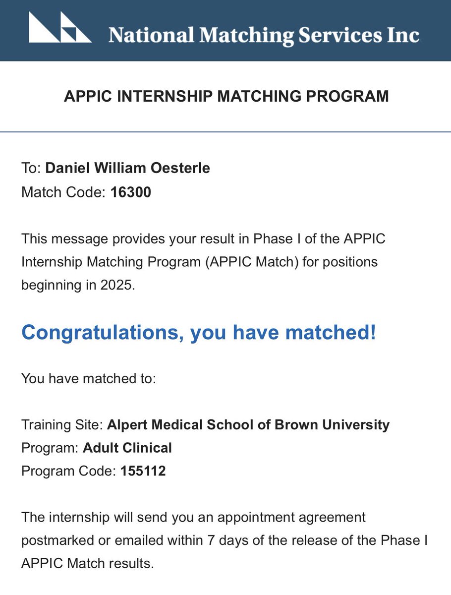 Daniel W Oesterle (@dwoesterle) on Twitter photo Beyond thrilled to share that I matched to <a href="/BrownMedicine/">The Warren Alpert Medical School</a>’s clinical psychology internship training program. My clinical science journey started at <a href="/BrownPsychiatry/">Brown Psychiatry and Human Behavior</a> as a post-bacc and couldn’t be more excited to return to <a href="/BrownUniversity/">Brown University</a> for internship!
#APPIC #match2025 #Brown Beyond thrilled to share that I matched to <a href="/BrownMedicine/">The Warren Alpert Medical School</a>’s clinical psychology internship training program. My clinical science journey started at <a href="/BrownPsychiatry/">Brown Psychiatry and Human Behavior</a> as a post-bacc and couldn’t be more excited to return to <a href="/BrownUniversity/">Brown University</a> for internship!
#APPIC #match2025 #Brown
