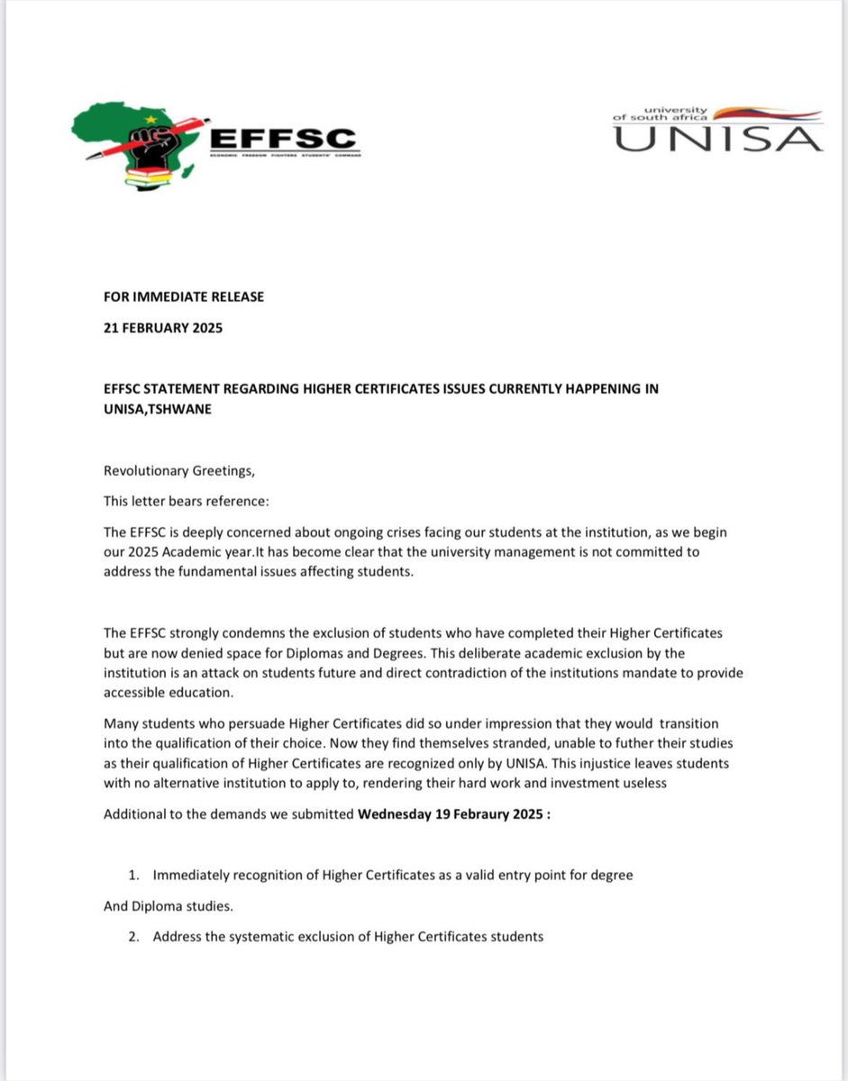 effscu's tweet photo. EFFSC Statement regarding Higher certificates issues currently happening in @unisa, Tshwane. @LenkaBula @EFFYouthCommand @EFFSouthAfrica https://t.co/JQMYEN58rp