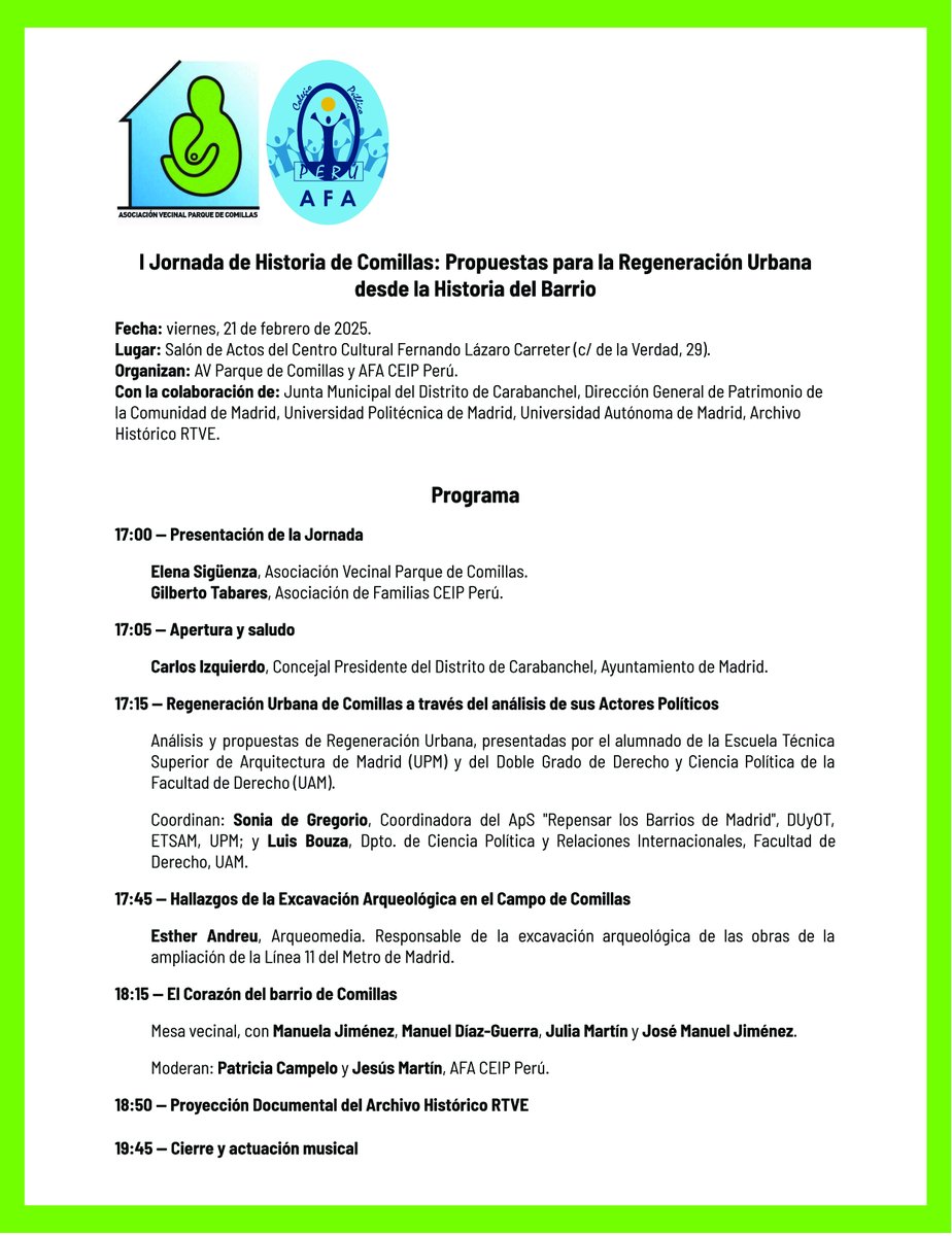 Gracias AVComillas y AFA Perú x la invitación a participar en este acto q reflexiona sobre los valores simbólicos y la historia de vuestro barrio desde una perspectiva de Regeneración Urbana. Un honor participar con nuestr@s estudiantes del #ApSUPM Repensar los Barrios d Madrid