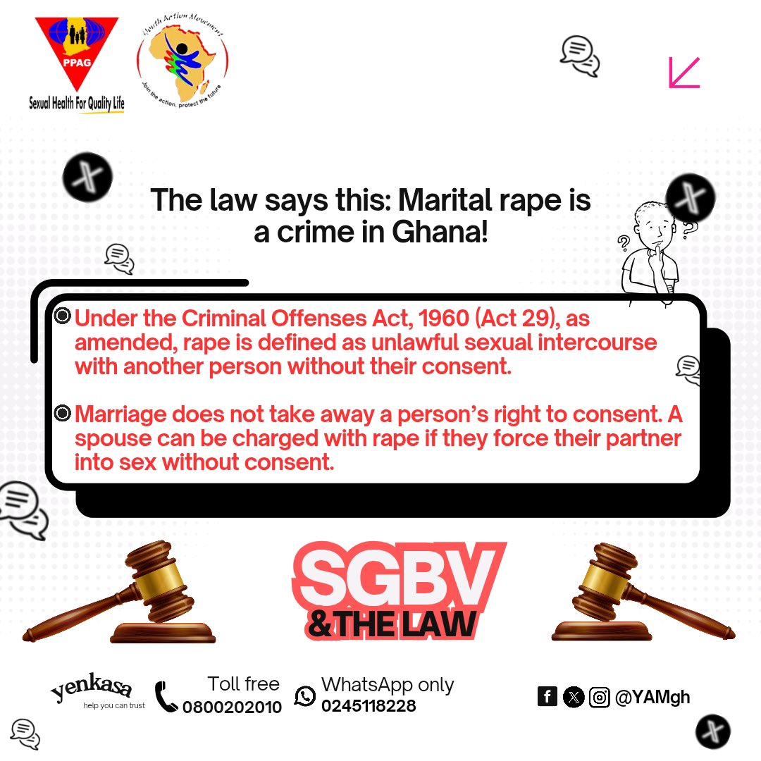 YouthActionMovement (@yamghana) on Twitter photo The law says this: Marital rape is a crime in Ghana!
#EndSGBV #SayNoToSGBV #KnowTheLaw
<a href="/PPAGGhana/">Planned Parenthood Association of Ghana (PPAG)</a> The law says this: Marital rape is a crime in Ghana!
#EndSGBV #SayNoToSGBV #KnowTheLaw
<a href="/PPAGGhana/">Planned Parenthood Association of Ghana (PPAG)</a>