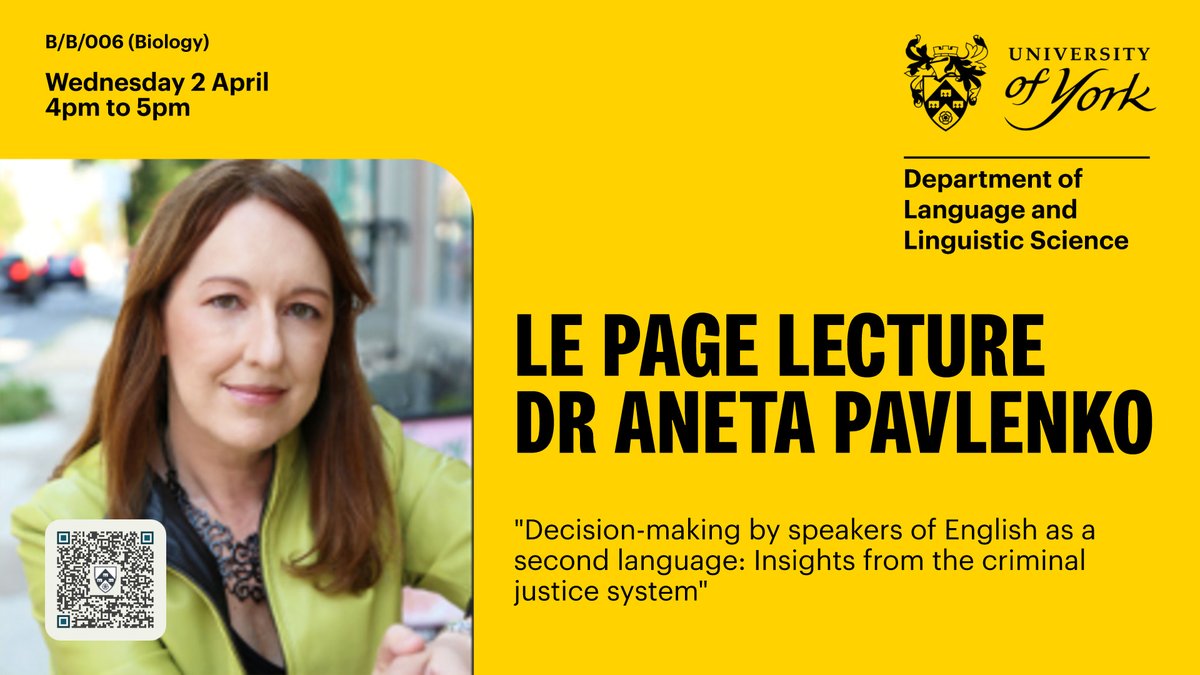 We are delighted to announce our Le Page Lecture 2025: 
Dr. Aneta Pavlenko 
"Decision-making by speakers of English as a second language: Insights from the criminal justice system" 
Wednesday 2 April 2025, 4.00PM to 5:00pm 
Abstract and registration: york.ac.uk/language/news/…