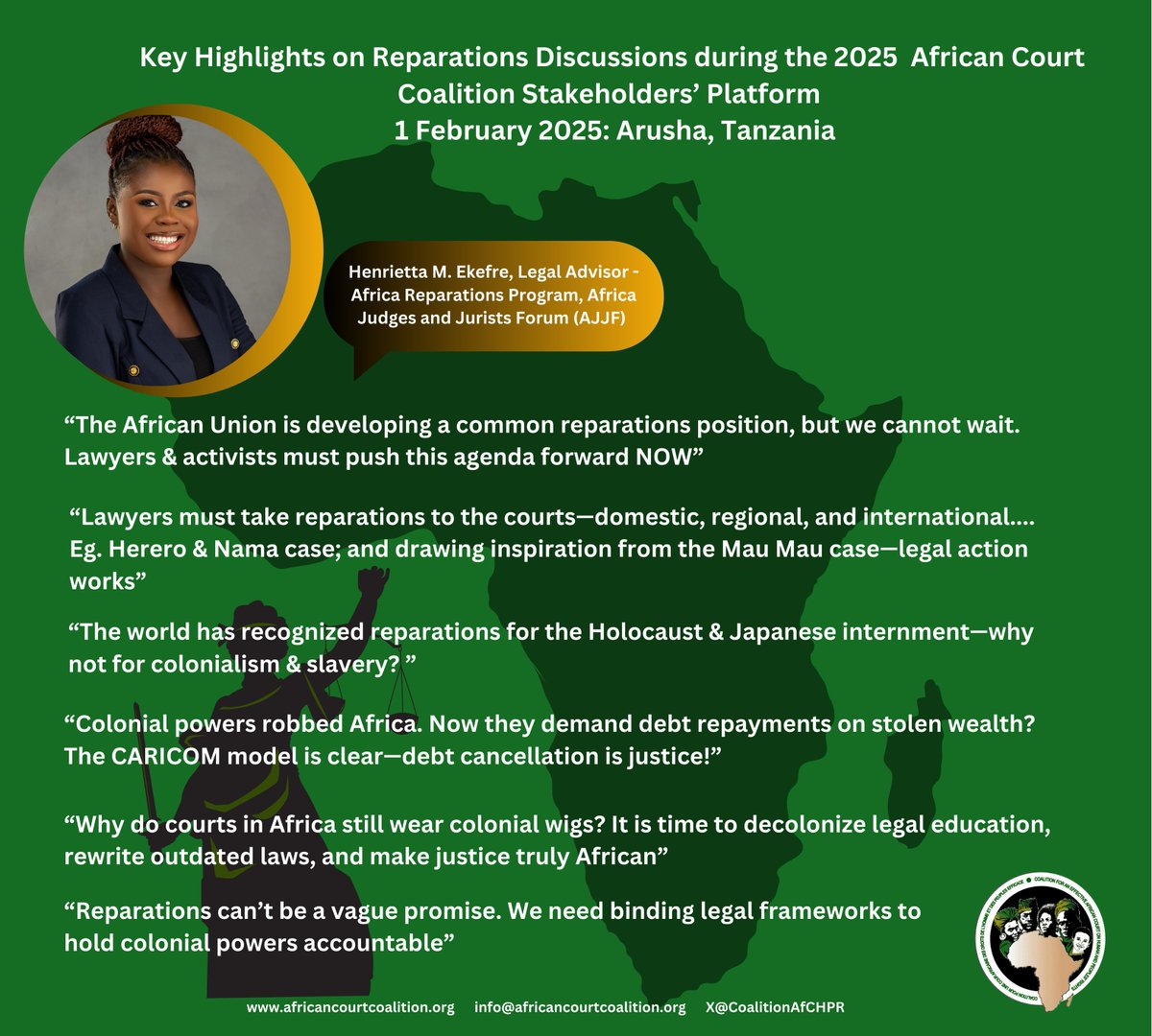CoalitionAfCHPR's tweet photo. KEY HIGHLIGHTS FROM THE 2025 COALITION STAKEHOLDERS’ PLATFORM:
Sitting as a Panelist, Ms. Henrietta Ekefre @Henriettaekefre of the Africa Judges & Jurists Forum @AfricanJurists enriched the discussions with her valuable contributions on the topic of Reparations which is the African Union @_AfricanUnion Theme of the year 2025. 
The African Court @court_afchpr Theme of the Year is "Advancing Justice Through Reparations". ⚖️

The Stakeholders' Platform was held on the margins of the 76th Ordinary Session of the African Court @court_afchpr in Arusha, Tanzania from 30 Jan - 3 Feb. 2025
The exchanges underscored the legal, historical, and moral foundations of Reparative Justice for Africans & People of African descents, and the urgent need to advance this vital cause.⚖️
@olcau2022 @AU_ECOSOCC
