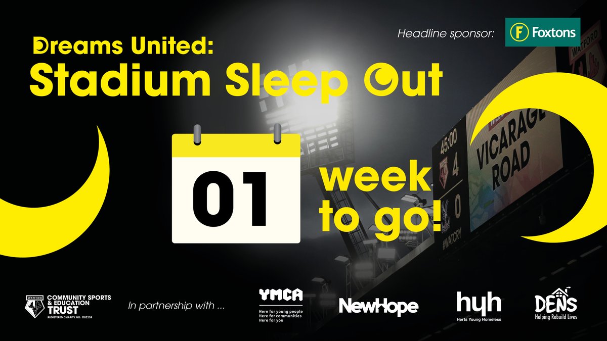 Watford FC CSE Trust (@wfctrust) on Twitter photo Just one week to go until our rematch against homelessness! 💪 Help us top last year’s £70,000 total at this year’s #StadiumSleepOut
Sign up today!
register.enthuse.com/ps/event/Stadi…
Donate 💛
watfordfccsetrust.enthuse.com/cf/6082/SSO25d…
@NewHopeHQ <a href="/DENSinDacorum/">DENS - Helping Rebuild Lives</a> <a href="/oneymca/">One YMCA</a> <a href="/hyhnews/">herts young homeless</a> <a href="/foxtons/">Foxtons</a>
@watfordFC | Just one week to go until our rematch against homelessness! 💪 Help us top last year’s £70,000 total at this year’s #StadiumSleepOut
Sign up today!
register.enthuse.com/ps/event/Stadi…
Donate 💛
watfordfccsetrust.enthuse.com/cf/6082/SSO25d…
@NewHopeHQ <a href="/DENSinDacorum/">DENS - Helping Rebuild Lives</a> <a href="/oneymca/">One YMCA</a> <a href="/hyhnews/">herts young homeless</a> <a href="/foxtons/">Foxtons</a>
@watfordFC |
