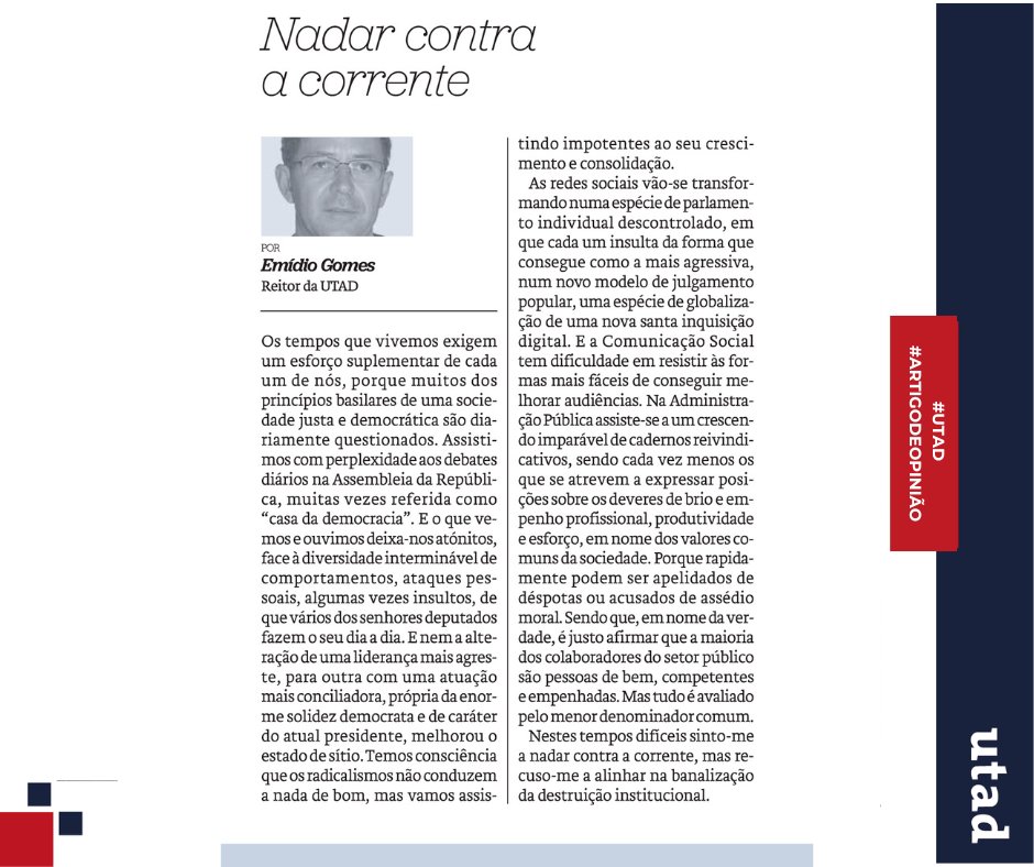 📰 "(...) Temos consciência de que os radicalismos não conduzem a nada de bom, mas vamos assistindo impotentes ao seu crescimento e consolidação".

✍️ A opinião do reitor da <a href="/UTAD_oficial/">UTAD</a>, Emídio Gomes, no <a href="/JornalNoticias/">Jornal de Notícias</a>  
#UTAD #TerritórioDoSaber