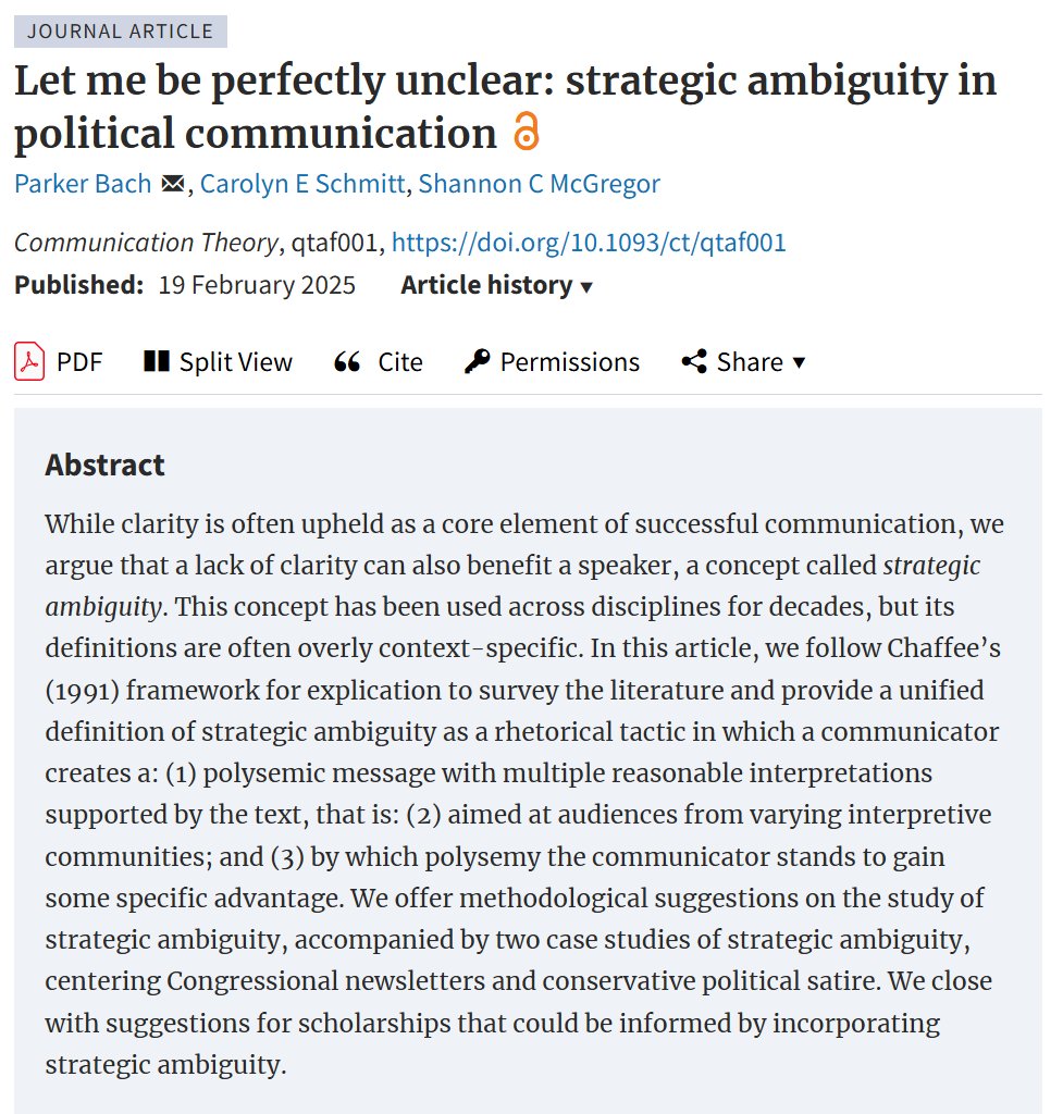 Parker Bach (@parkerjbach) on Twitter photo 🗣️ New Communication Theory article! With <a href="/CESchmitt/">Carolyn Schmitt</a> and <a href="/shannimcg/">Shannon McGregor, PhD</a>
Communication can benefit from clarity, but what about a tactical lack of clarity? Here, e explicate "strategic ambiguity" and argue for its importance in political communication. bit.ly/StratAm 1/🧵 🗣️ New Communication Theory article! With <a href="/CESchmitt/">Carolyn Schmitt</a> and <a href="/shannimcg/">Shannon McGregor, PhD</a>
Communication can benefit from clarity, but what about a tactical lack of clarity? Here, e explicate "strategic ambiguity" and argue for its importance in political communication. bit.ly/StratAm 1/🧵