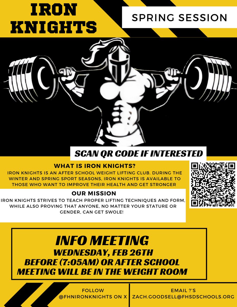 Info Meeting for Iron Knights Spring Session is Wednesday, February 26th. Attend the meeting either before school (7:05am) or after school. Meeting will be in the Weight Room. This will be for new members. Those in the current Winter Session do not need to attend.