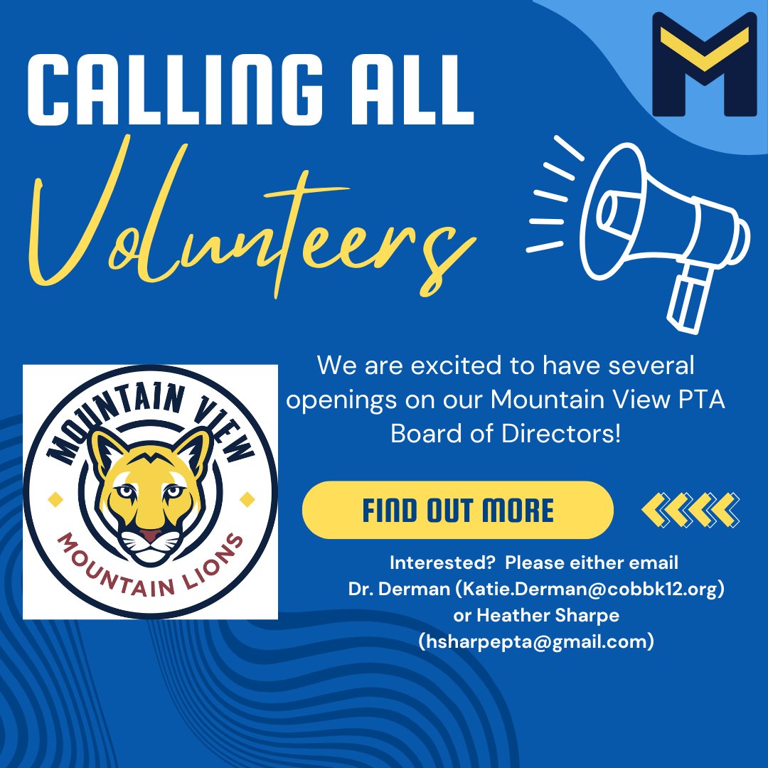 The Mountain View PTA is amazing and offers many opportunities for our families.  We are excited to welcome new member to our PTA Board of Directors for next school year.  Please reach out to our PTA presidents or Dr. Derman to learn more about how to get involved!  #TheBestView