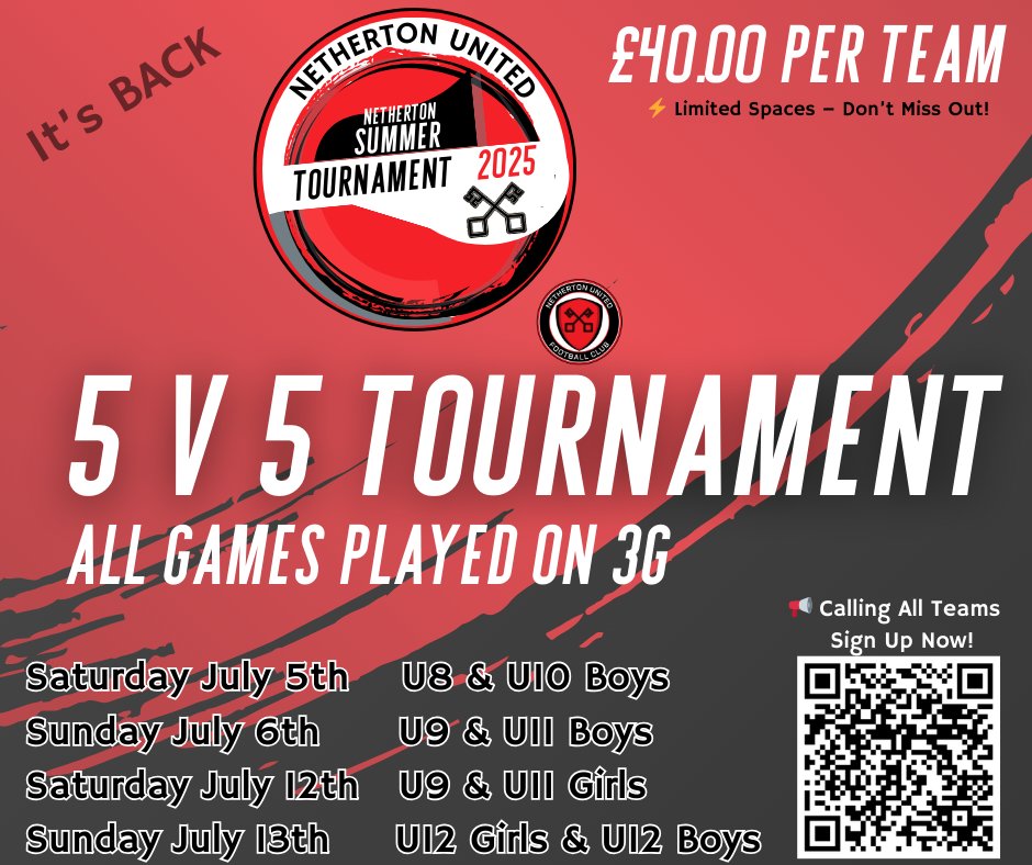 YouthJuniors's tweet photo. 🚨 IT'S BACK! The Netherton Summer Tournament 2025! ⚽🔥 📅 July 5-13 | 5-a-side | £40 per team | Limited spaces! Sign up now 👉 https://t.co/Ct66WNYZJZ https://t.co/UfCXKsH2CC