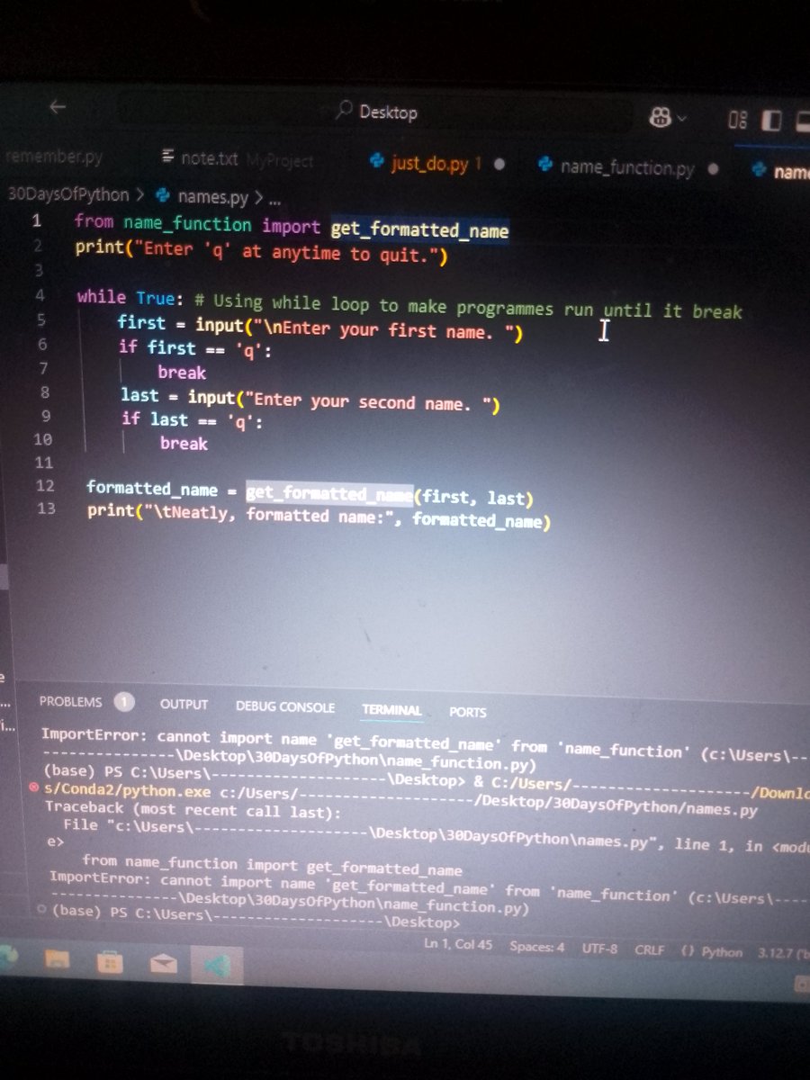 goldmehda01's tweet photo. What did I did wrong that I could not get the right output instead Import error? Every research that I made says my program was good to run. 😉😪
#Ramadan 
#JumatBerkah 
#Web3Community 
#PYTHONonMCountdown 
#techsuperstar 
#TechTrends 
#Trump 
#brain 
#FabulousBeasts 
#Nigeria https://t.co/qZRghOq5jk