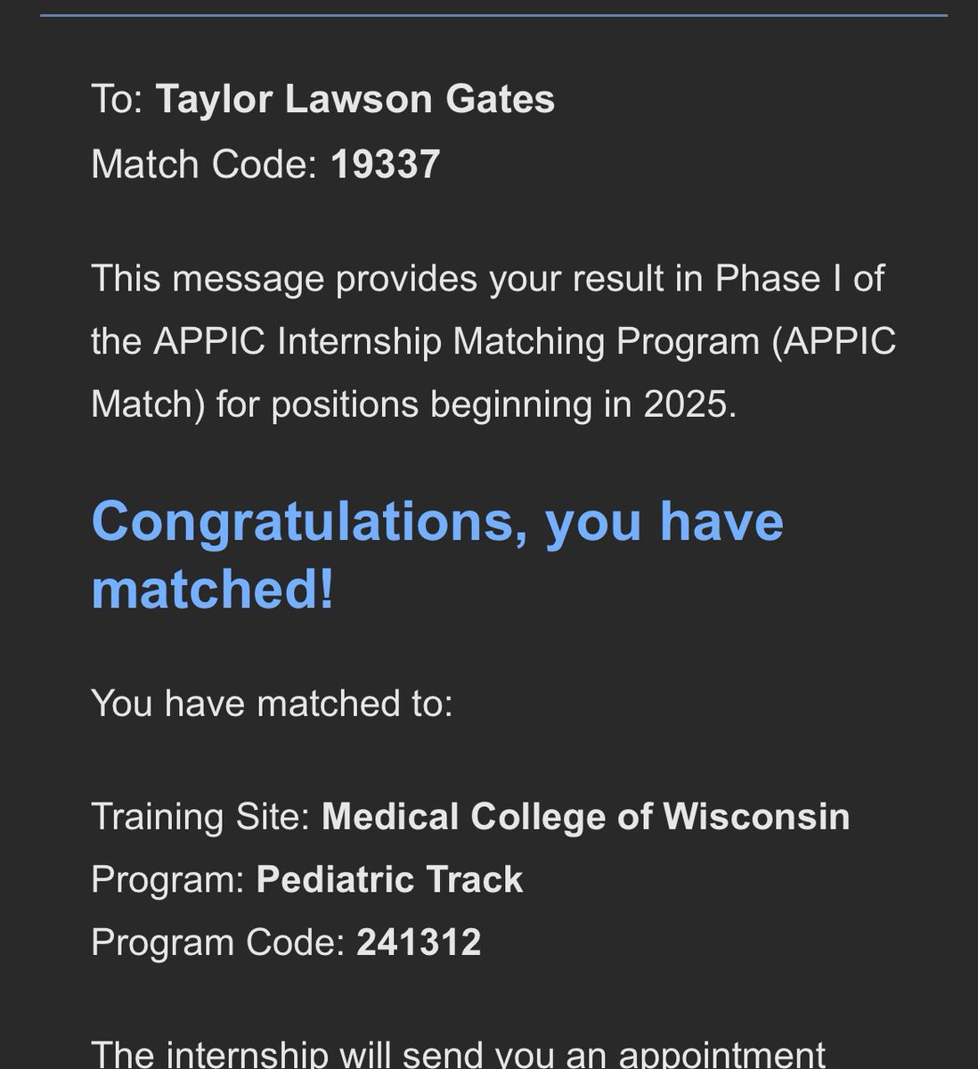TayGates419's tweet image. Thrilled to have matched at the Medical College of Wisconsin for residency!!! #pedspsych