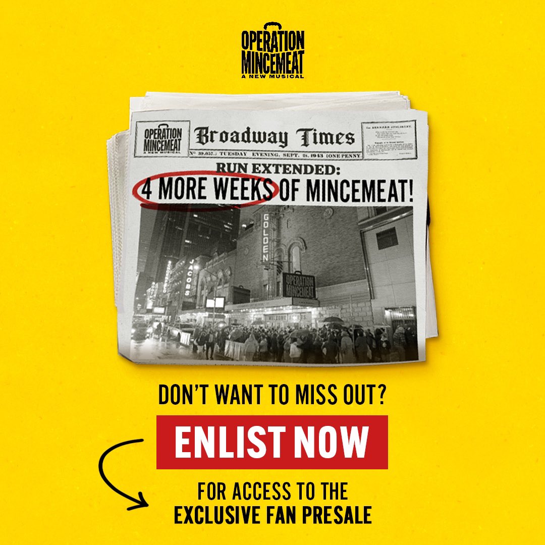 This just in! 🗞

4 extra weeks at the glitzy Golden and to celebrate, we've created an exclusive fan presale so you agents on the ground can intercept the best seats! 
Early access opens 27th Feb⏱

On your marks, get set...
🎟: operationbroadway.com