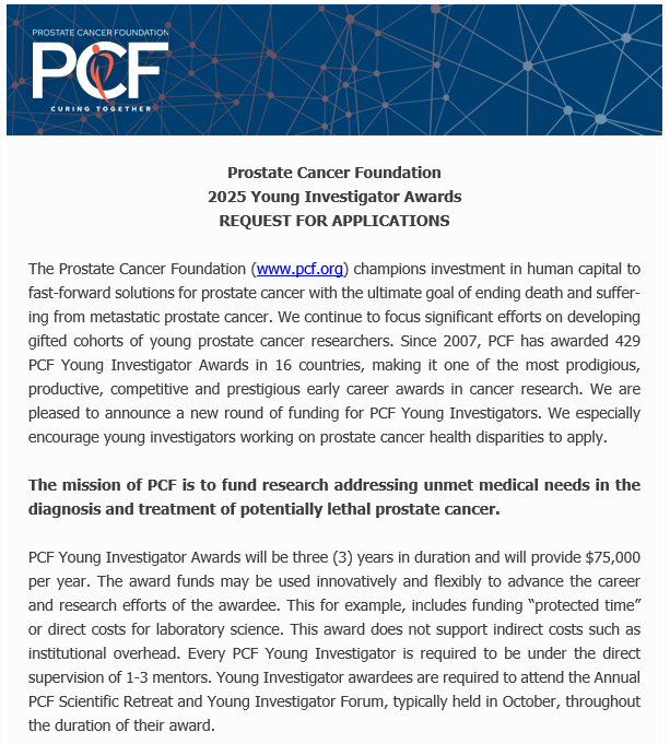 PCF Science (@pcf_science) on Twitter photo ANNOUNCEMENT: RFA for 2025 <a href="/PCFnews/">Prostate Cancer Foundation</a> Young Investigator Award Applications, to support innovative & highly promising early career #ProstateCancer researchers.
DEADLINE: March 10, 2025
Apply at: pcf.smartsimple.com
View the RFA here:
res.cloudinary.com/pcf/images/v17⦠ANNOUNCEMENT: RFA for 2025 <a href="/PCFnews/">Prostate Cancer Foundation</a> Young Investigator Award Applications, to support innovative & highly promising early career #ProstateCancer researchers.
DEADLINE: March 10, 2025
Apply at: pcf.smartsimple.com
View the RFA here:
res.cloudinary.com/pcf/images/v17ā¦