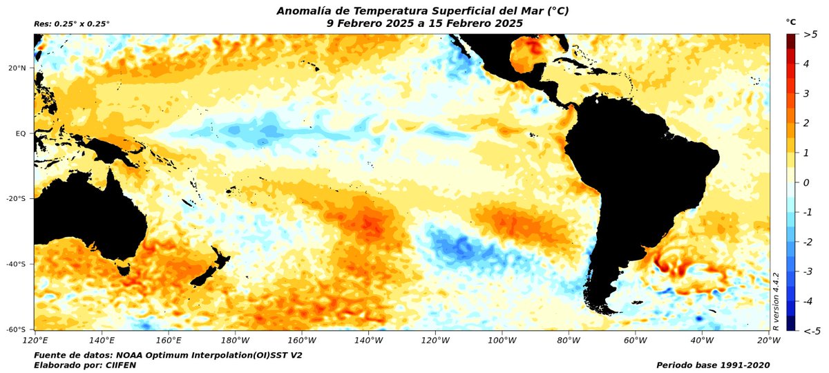 ciifen's tweet image. Entre el 9 y 15 de febrero las anomalías de temperatura superficial del mar (#ATSM) se mantuvieron más frías de lo normal en el Pacífico Central y más cálidas en el Pacífico Occidental y Oriental.