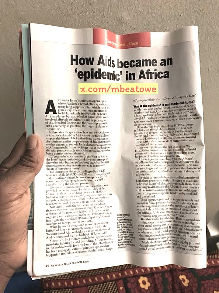 En Mars 2019 le magazine londonien <a href="/NewAfricanMag/">New African</a> publiait les confessions de Alexander Jones un ancien membre blanc des des services secrets sud-africains pendant l‘Apartheid. Il déclarait que sous l‘#Apartheid «Nous avons délibérément propagé le sida en Afrique du Sud» et