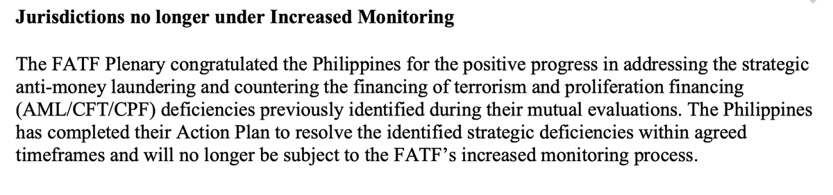 Luisa Jocson (@luisacjocson) on Twitter photo JUST IN: The Philippines has finally exited the FATF's âgray listâ of jurisdictions under increased monitoring for âdirty moneyâ risks.
The country had been on the gray list for more than three years or since June 2021. <a href="/bworldph/">BusinessWorld</a> JUST IN: The Philippines has finally exited the FATF's âgray listâ of jurisdictions under increased monitoring for âdirty moneyâ risks.
The country had been on the gray list for more than three years or since June 2021. <a href="/bworldph/">BusinessWorld</a>