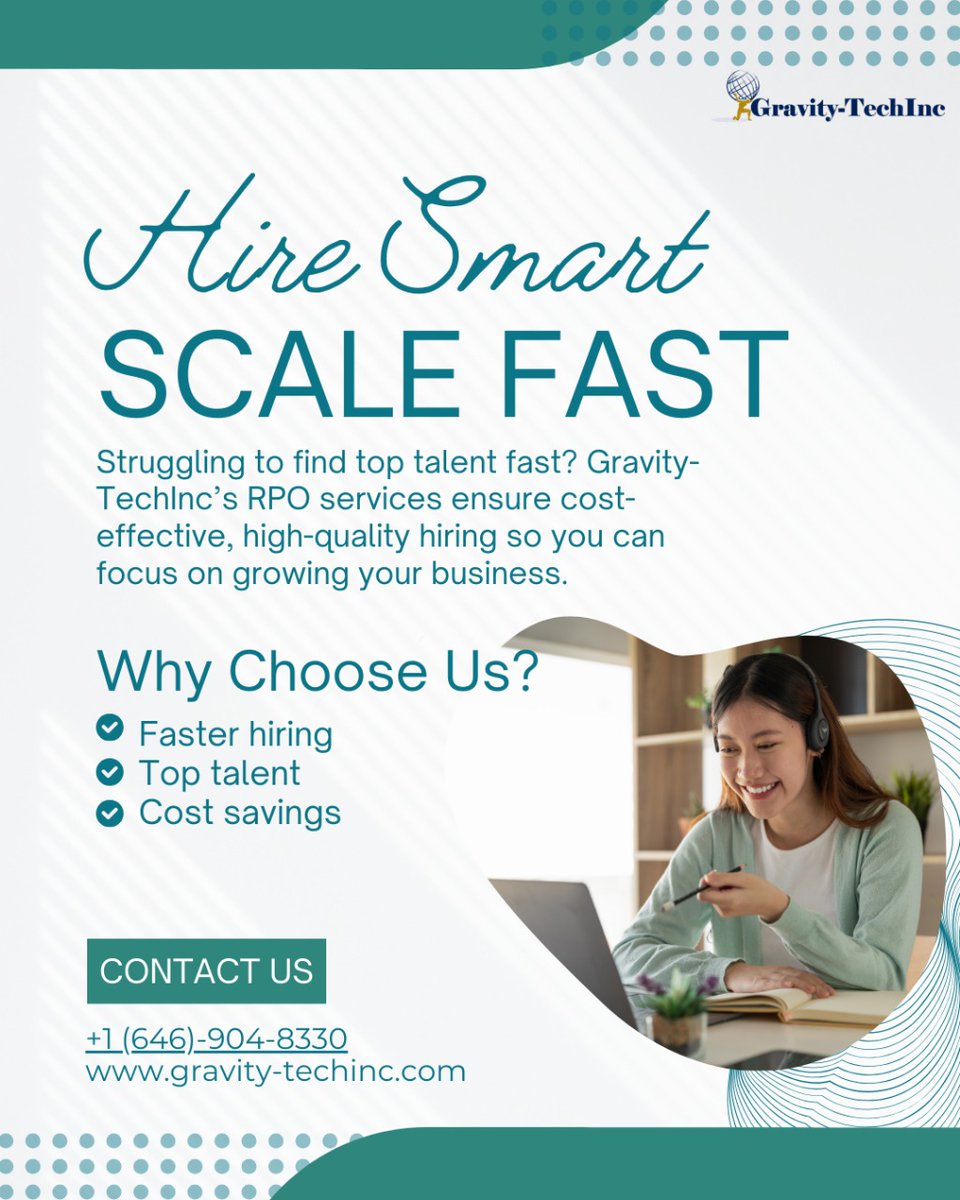 Gravitytechinc's tweet photo. Spending too much time on recruitment?
Outsource your hiring process to experts! 🚀 With RPO Services from Gravity-TechInc, you get:
✅ Faster &amp; cost-effective hiring
✅ Access to a global talent pool
✅ Data-driven recruitment strategies
Let’s build your dream team! https://t.co/Ngy4eFeEdA