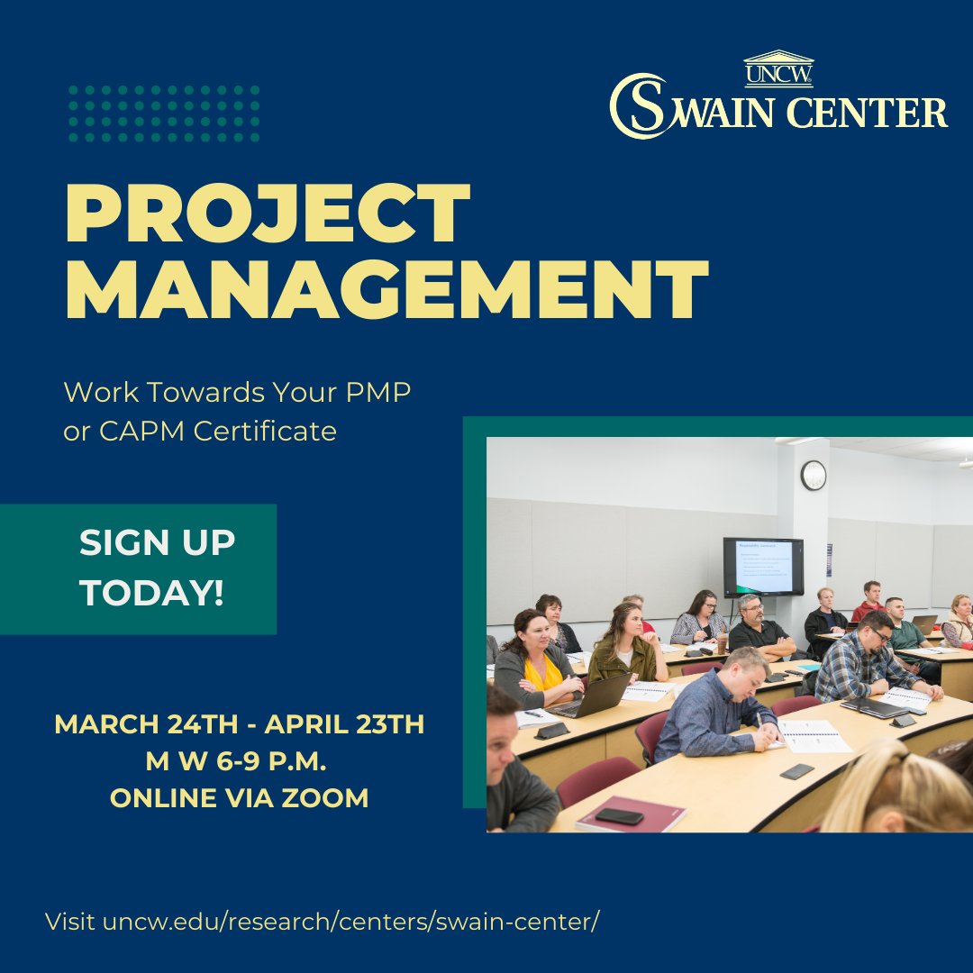 Our Project management certificate program is completely online and convenient to fit into your schedule. The program begins March 24th so don’t delay sign up today!
Sign up at: uncw.edu/research/cente…