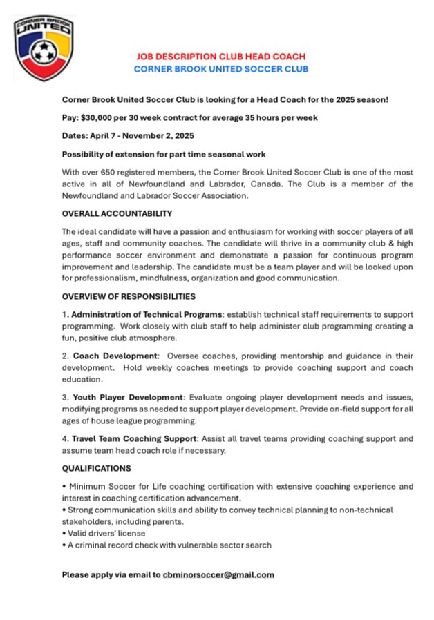 CB_United's tweet image. Corner Brook United Soccer Club is looking for a HEAD COACH for their 2025 Soccer Season.

With over 650 registered members we are one of the most active clubs in NL.

Job Description 👇 

If you think you can help take our Club to the next level apply today 🙌

#UnitedWeStand