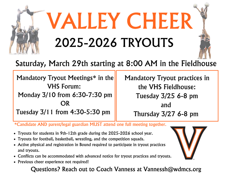 vhstigers's tweet photo. Upcoming tryouts for @WDMvalleycheer for the 2025-26 school year! https://t.co/40XcT8cmOB