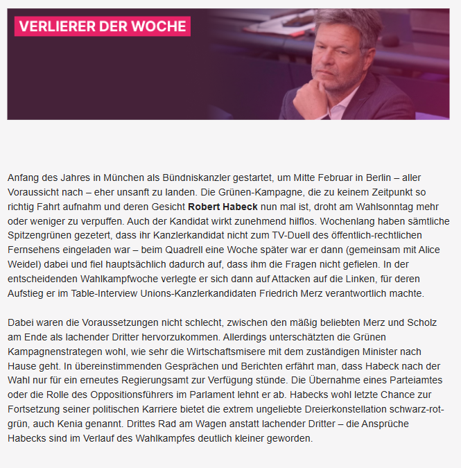 <a href="/pundk/">Redaktion p&k</a> kürt zum Ende des Wahlkampfes noch einmal unsere Gewinner und Verlierer.  

Gewinner der Woche: Axel Springer

Das erste TV-Duell Scholz gegen Merz bei ARD/ZDF war ein zähes 0:0-Spiel der eher langweiligen Sorte: Ein Unentschieden, bei dem Merz den Platz dennoch als