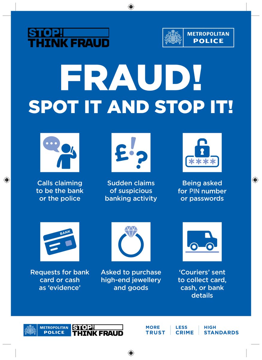 MPSSutton's tweet photo. โ Received a call saying your bank account is compromised? Criminals pretend to be officials and offer to send people to help obtain money or high value items. Hang up and verify by calling 159 to speak to your bank #CourierFraud #OpCallback https://t.co/6UpK6NnIpP