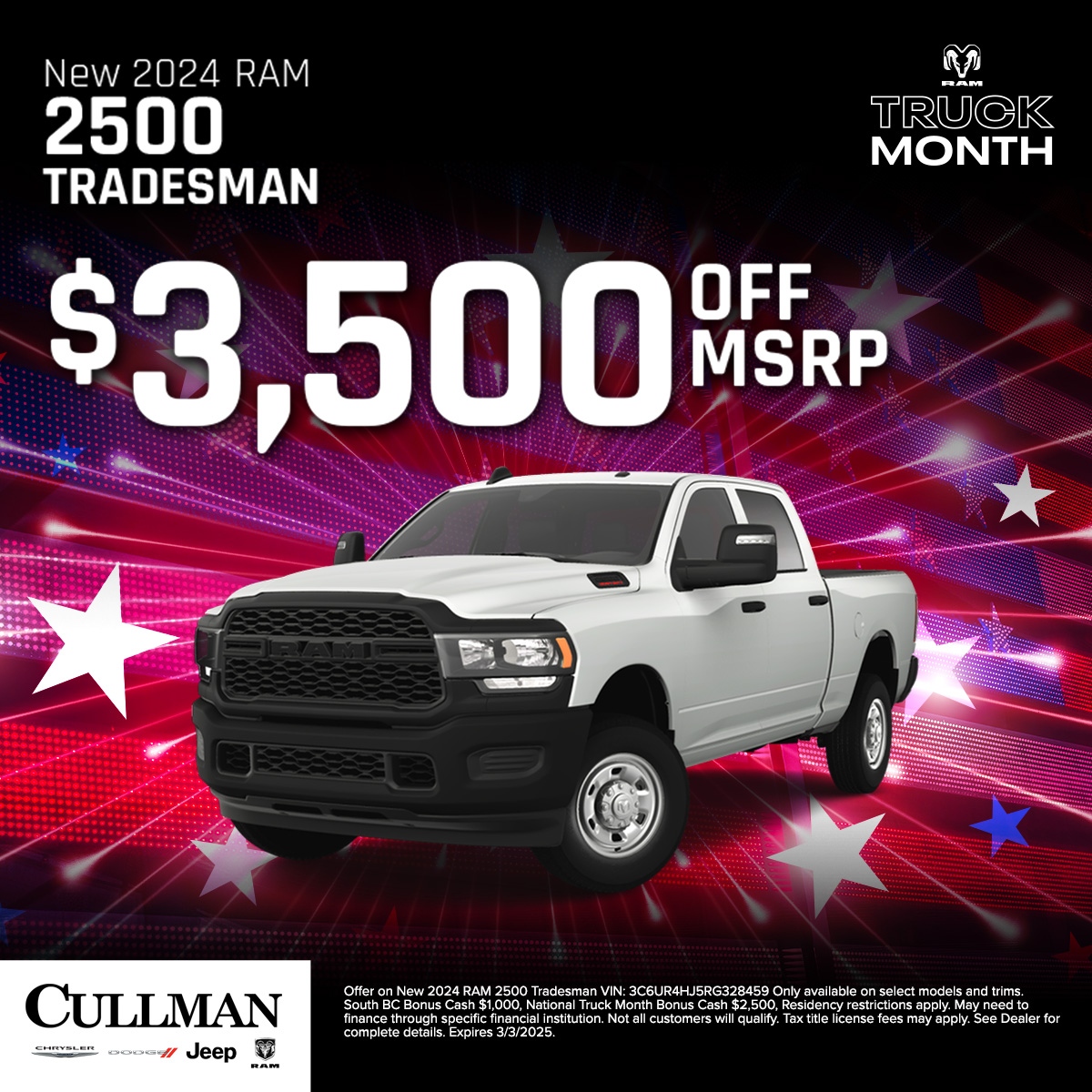 CullmanCDJR's tweet photo. What better way to celebrate Truck Month 🛻 Get up to $3,500 off MSRP on your 2024 #Ram2500 🤗 Let the power be in your hands when you get behind the wheel of a #RamTruck built to tackle the toughest jobs with strength, durability, and capability like no other! #Ram #TGIF https://t.co/SK8F06xqrM