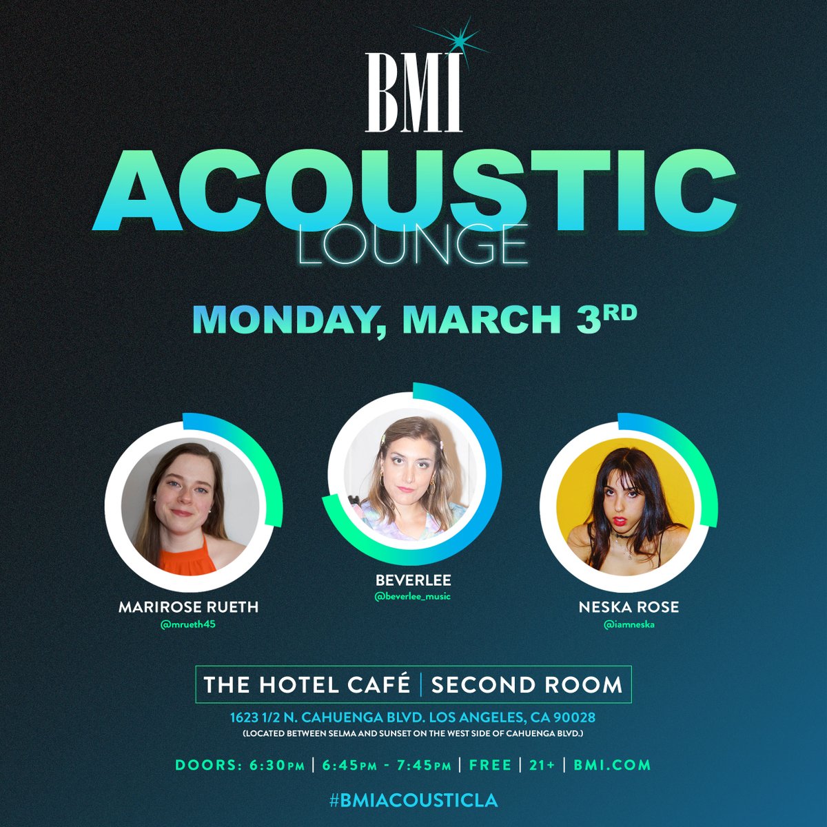 bmi's tweet photo. Join us at our March 3rd Acoustic Lounge at @thehotelcafe with our #BMIFamily #MariroseRueth, #Beverlee and #NeskaRose! 🎶🫶 #BMIAcousticLA https://t.co/tBPa81czeA