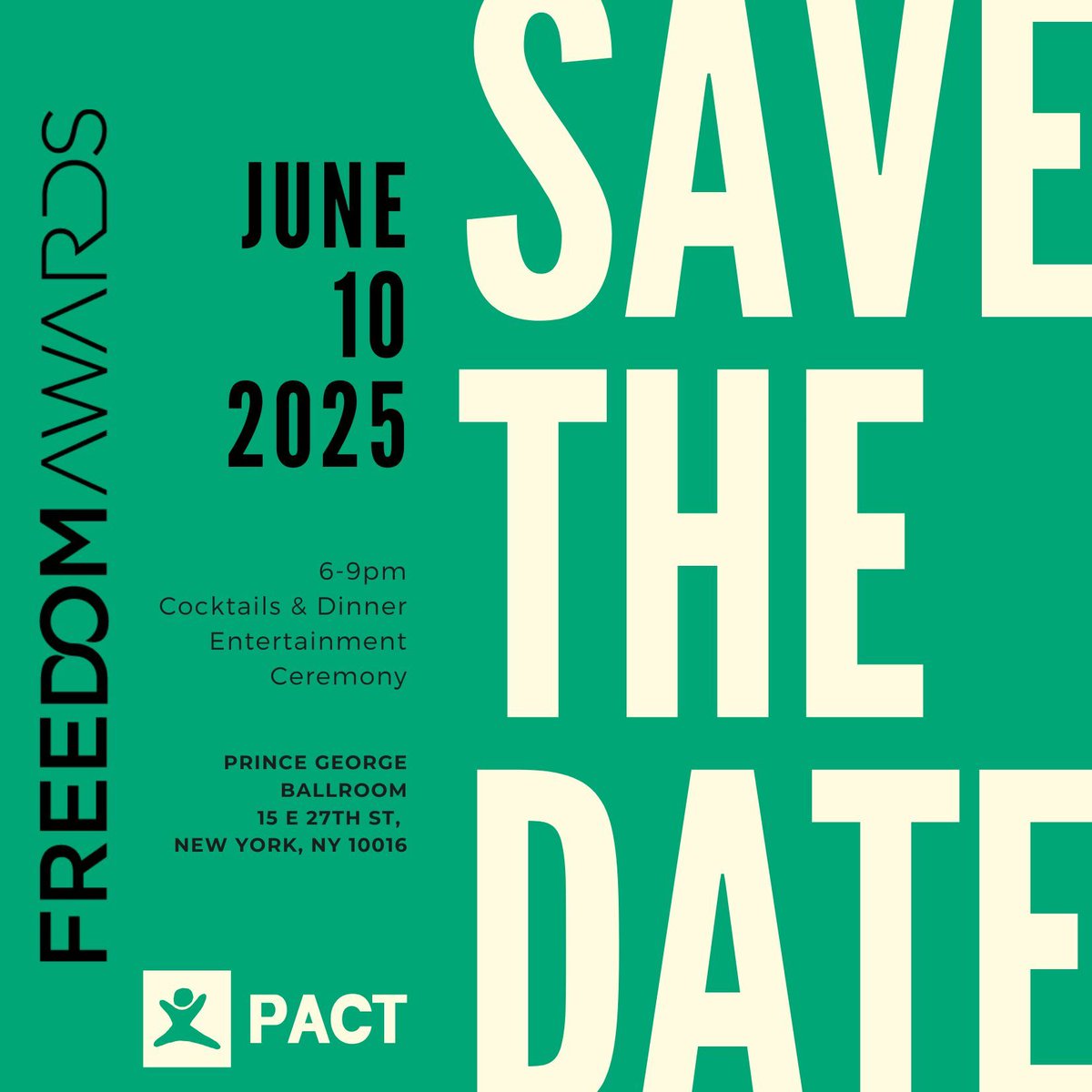 Save the Date: The Freedom Awards 

Something extraordinary is coming...

📆 June 10, 2025 
🕕 6:00 – 9:00 PM 
📍 The Prince George Ballroom, NYC  

🎟 buff.ly/4b9IiDj  

Join us as we celebrate changemakers, strengthen our community, and advance the mission for freedom.