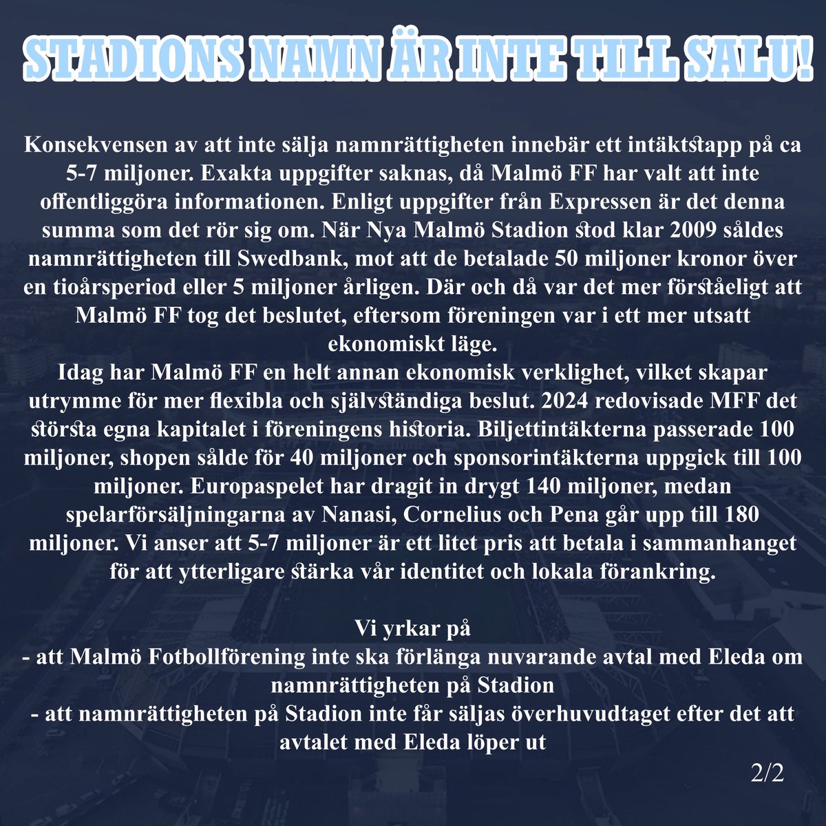 Phille1910's tweet photo. Stadions namn är inte till salu! Rösta mot den moderna fotbollen på årsmötet 7/3. https://t.co/QBcPdP1srI