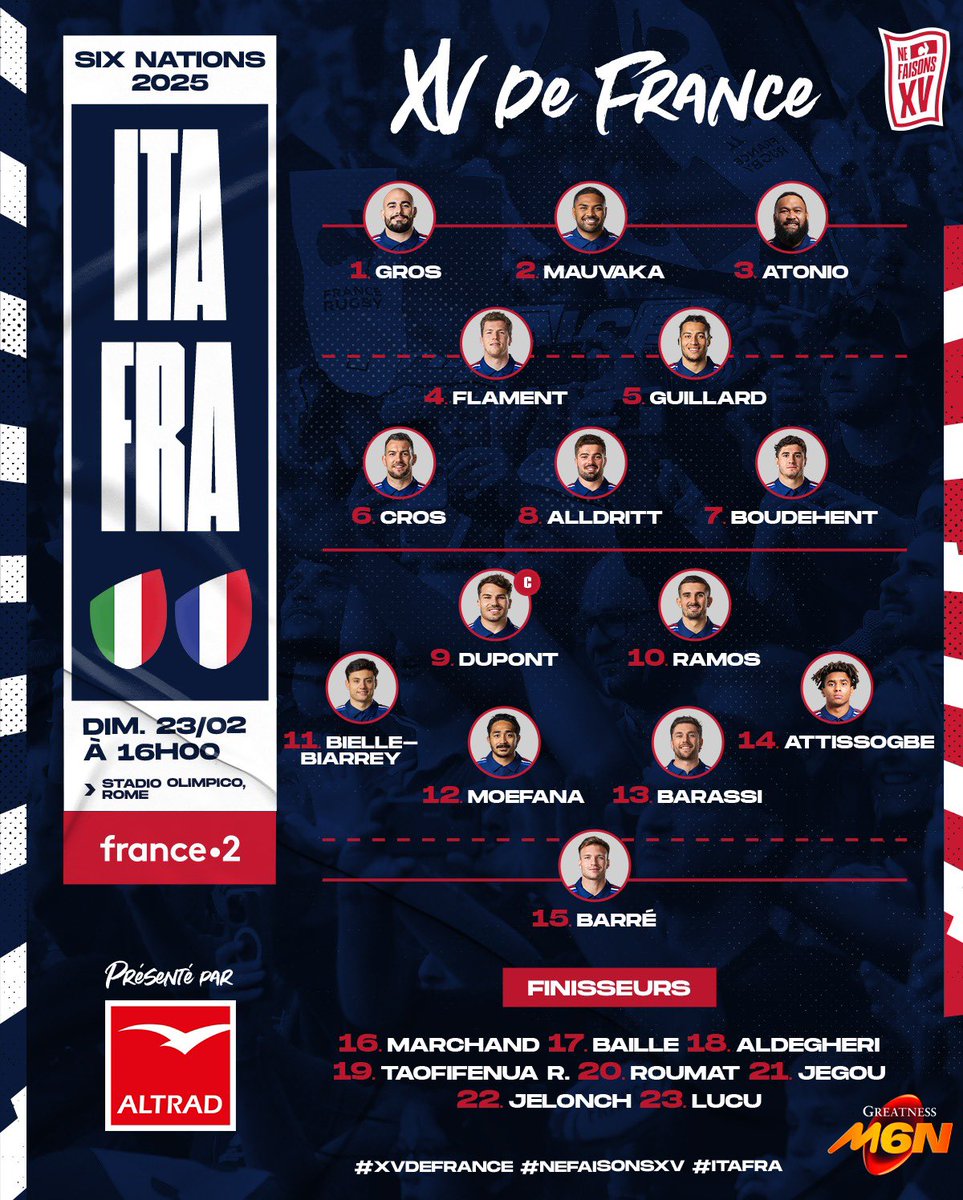 FranceRugby's tweet image. 🇫🇷 Les 23 joueurs qui défendront le maillot du #XVdeFrance dimanche à Rome 🐓 

#ITAFRA #NeFaisonsXV