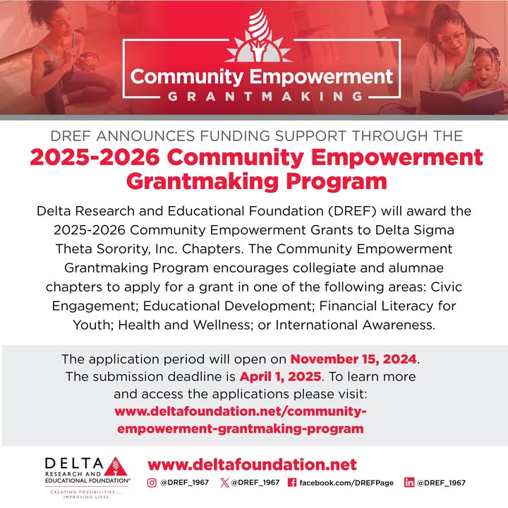 DREF's 2025-2026 Community Empowerment Grantmaking Program's application period ends4/1/25 for Delta Sigma Theta Chapters Only. Awardees may not apply in two consecutive years. Visit deltafoundation.net/community-empo… to learn more. #DST1913,#Community,#Grants