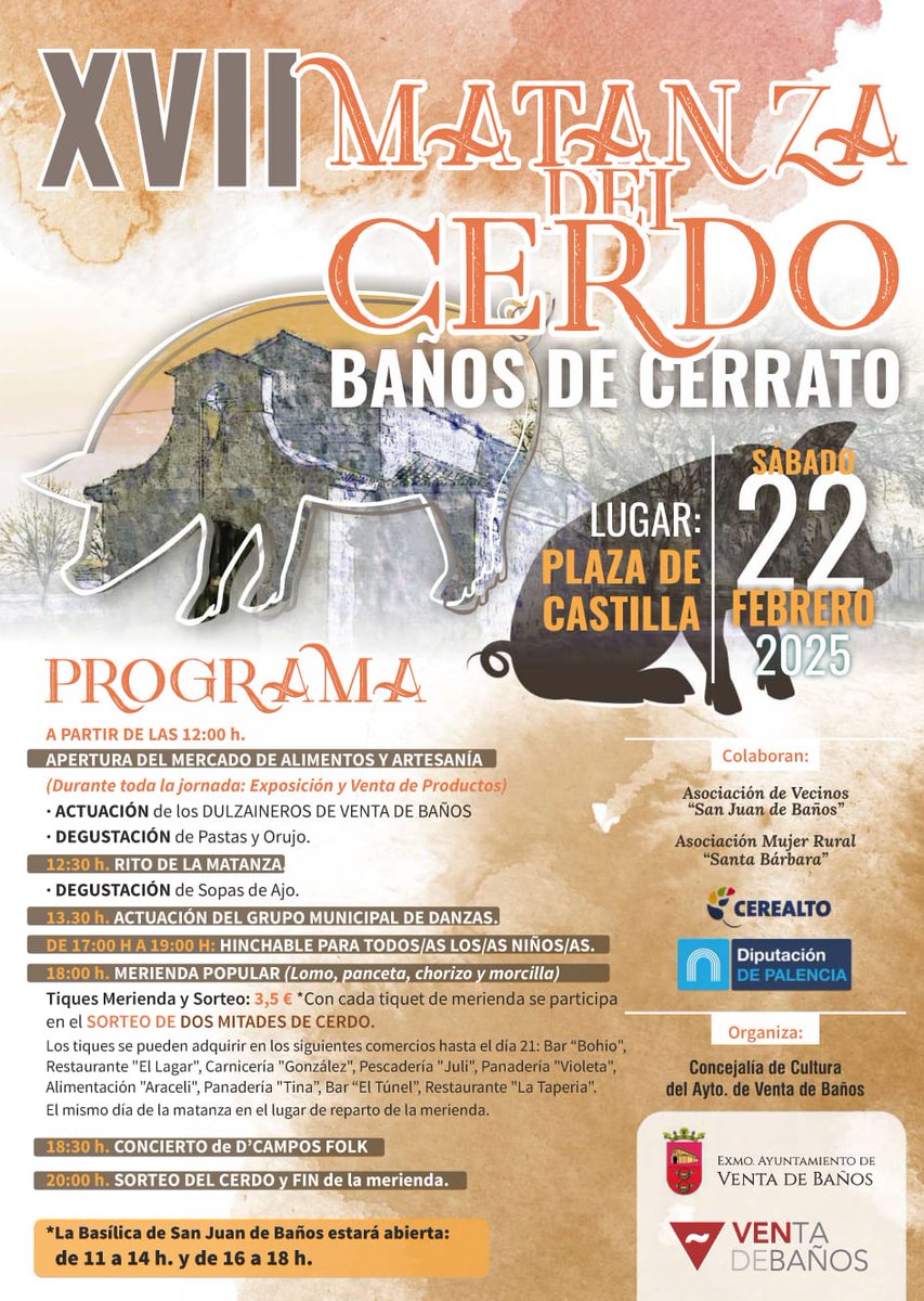 🐷🎉 ¡XVII Matanza del Cerdo en Baños de Cerrato! 📅 22 de febrero
Música, danzas, degustaciones de productos del cerdo 🍖, sorteos, hinchables y mercado de artesanía 🛍️. Además, visita la Basílica de San Juan de Baños ⛪. ¡Ven a disfrutar de la fiesta tradicional! 🎊