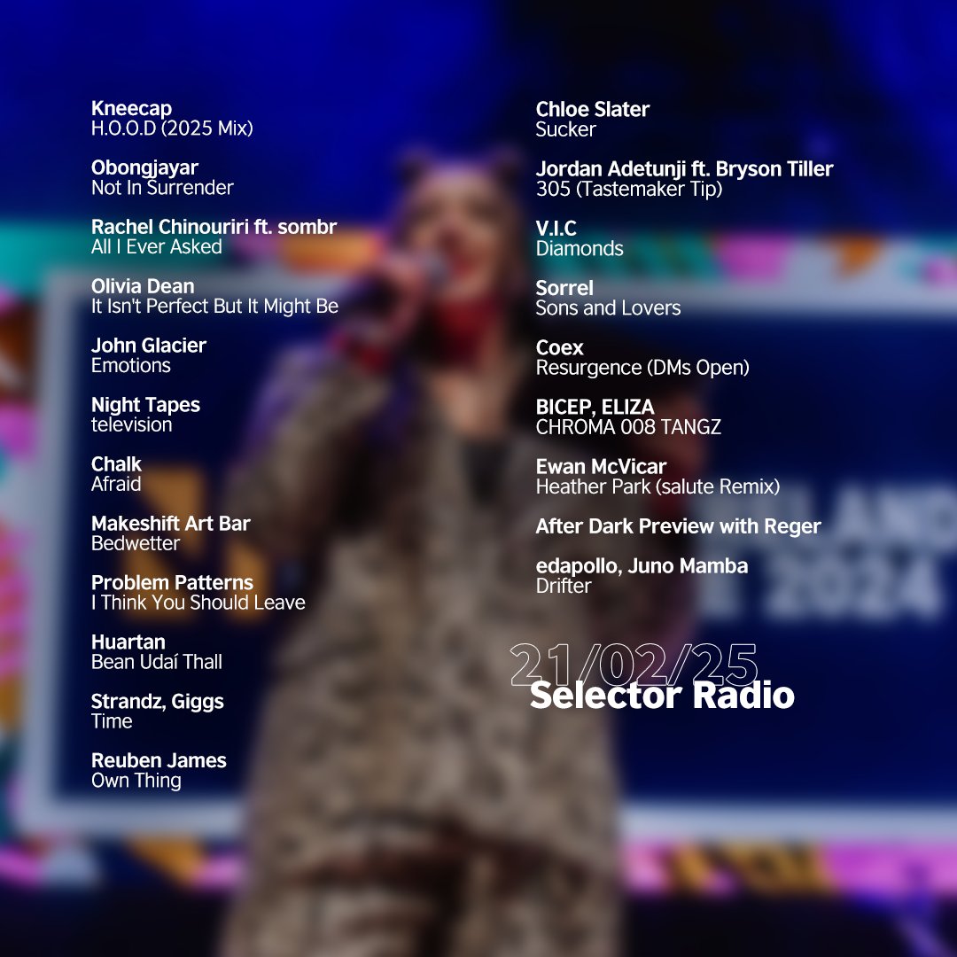 This week’s show is our Northern Ireland Special! We've got:
🎤 Charlotte Dryden from Belfast’s <a href="/OhYeahCentre/">Oh Yeah Music Centre</a> talks <a href="/NIMusicPrize/">NI Music Prize</a>
🎶 Tastemaker Tip w/ musician, DJ &amp; presenter <a href="/Gemma_Bradley_/">Gemma Bradley</a> from <a href="/acrosstheline/">Across the Line</a>
🌙 After Dark Preview with <a href="/Reger_Belfast/">Robbie McCammon / Reger</a>

linktr.ee/selectorradio🎧