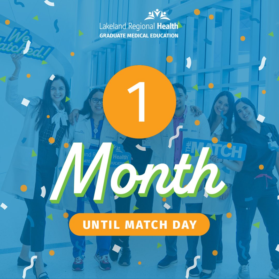 LRHGME_GS's tweet photo. Our countdown begins...one month until our GME Match Day! 🎉

On March 21, we will welcome our 3rd class of Graduate Medical Education matches to Lakeland Regional Health! We cannot wait for our new residents to join our current GME residents! Happy one month until Match Day! https://t.co/pos0U7nwC7