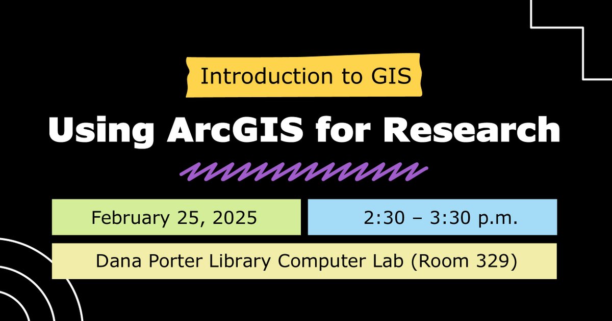 Want to learn how to use ArcGIS for your research? Join us for a workshop next Tuesday at Dana Porter Library. Register now to reserve your seat &gt;&gt; bit.ly/LibGISFeb25